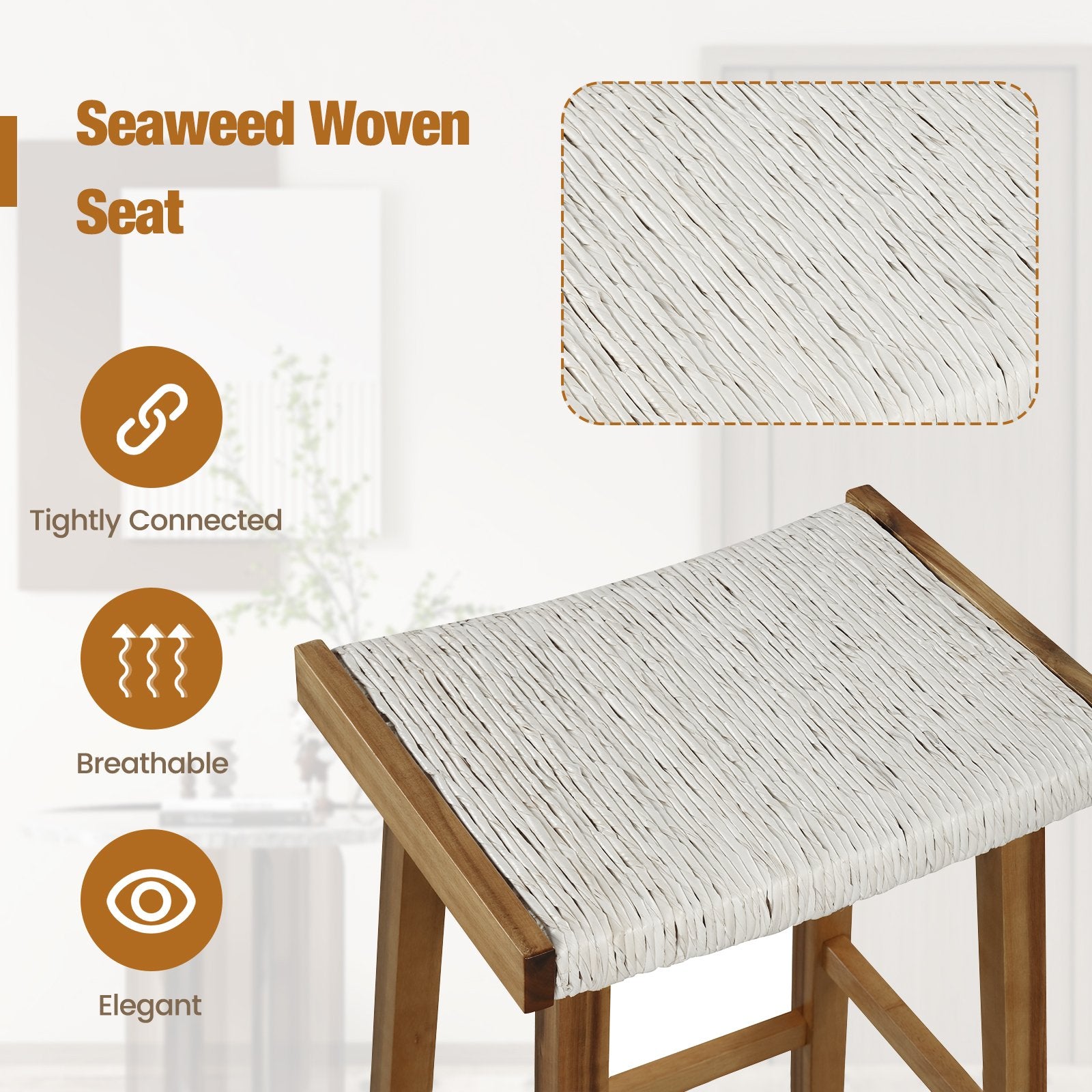 Set of 2 25.5 Inch Dining Bar Stool with Seaweed Woven Seat, Beige Bar Stools   at Gallery Canada