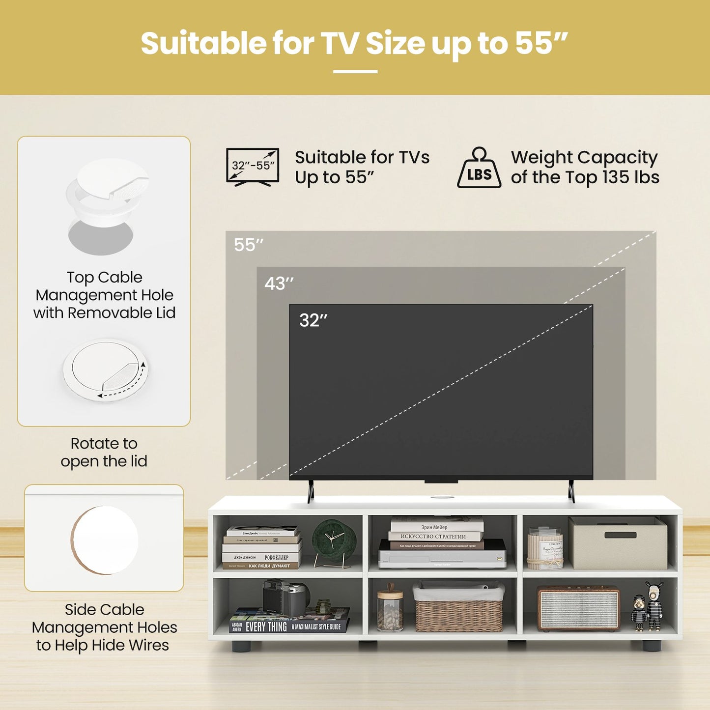 TV Stand for TV up to 55 Inch with 6 Storage Compartments, White - Gallery Canada