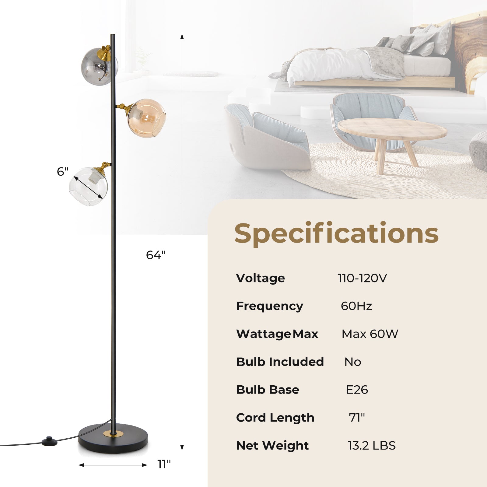 Mid Century Floor Lamp with 3 Glass Globe Lampshades and Weighted Base, Black Table & Floor Lamps at Gallery Canada