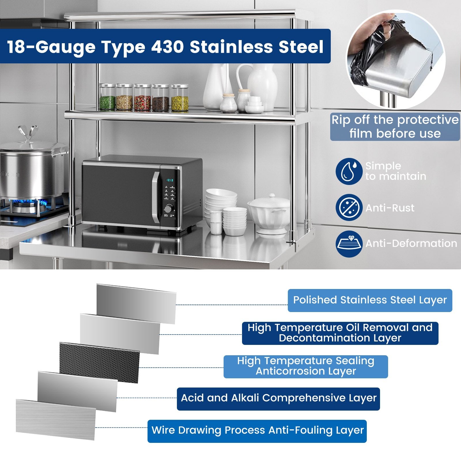 Stainless Steel Overshelf with Adjustable Lower Shelf for Restaurant Kitchen, Silver Kitchen Tools   at Gallery Canada