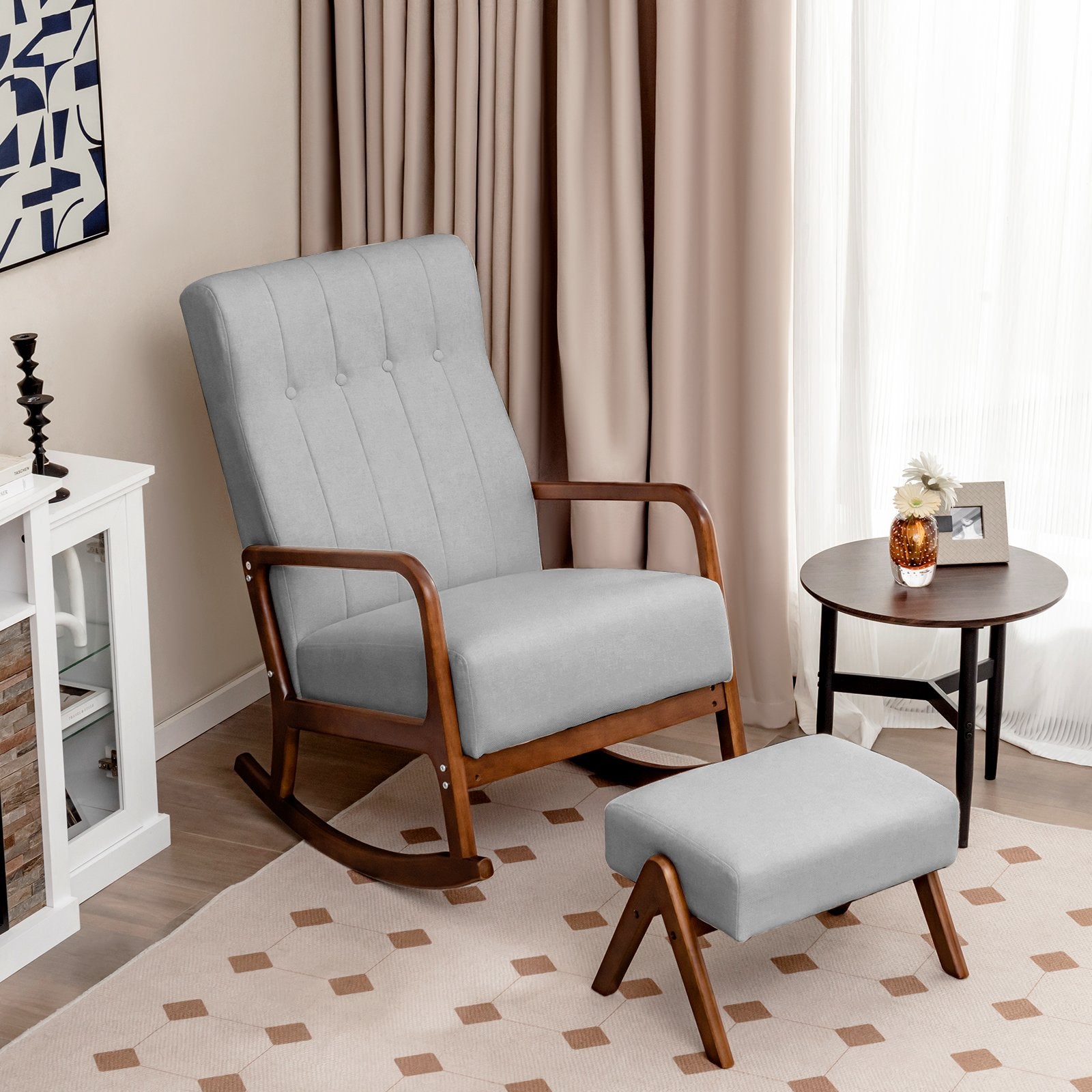 Rocking Chair with Ottoman and Solid Rubber Wood Frame and Padded Cushion, Gray Accent Chairs   at Gallery Canada