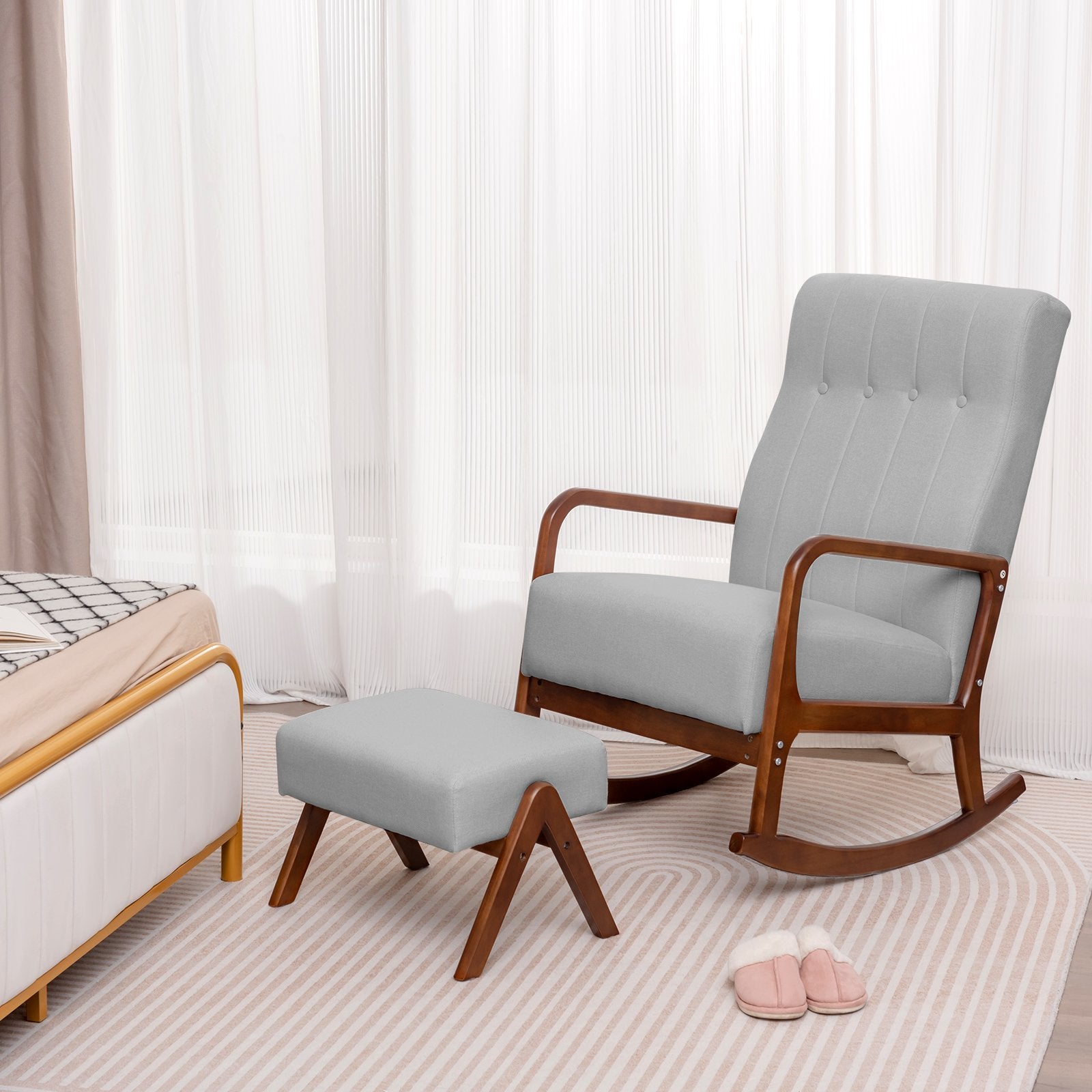 Rocking Chair with Ottoman and Solid Rubber Wood Frame and Padded Cushion, Gray Accent Chairs   at Gallery Canada