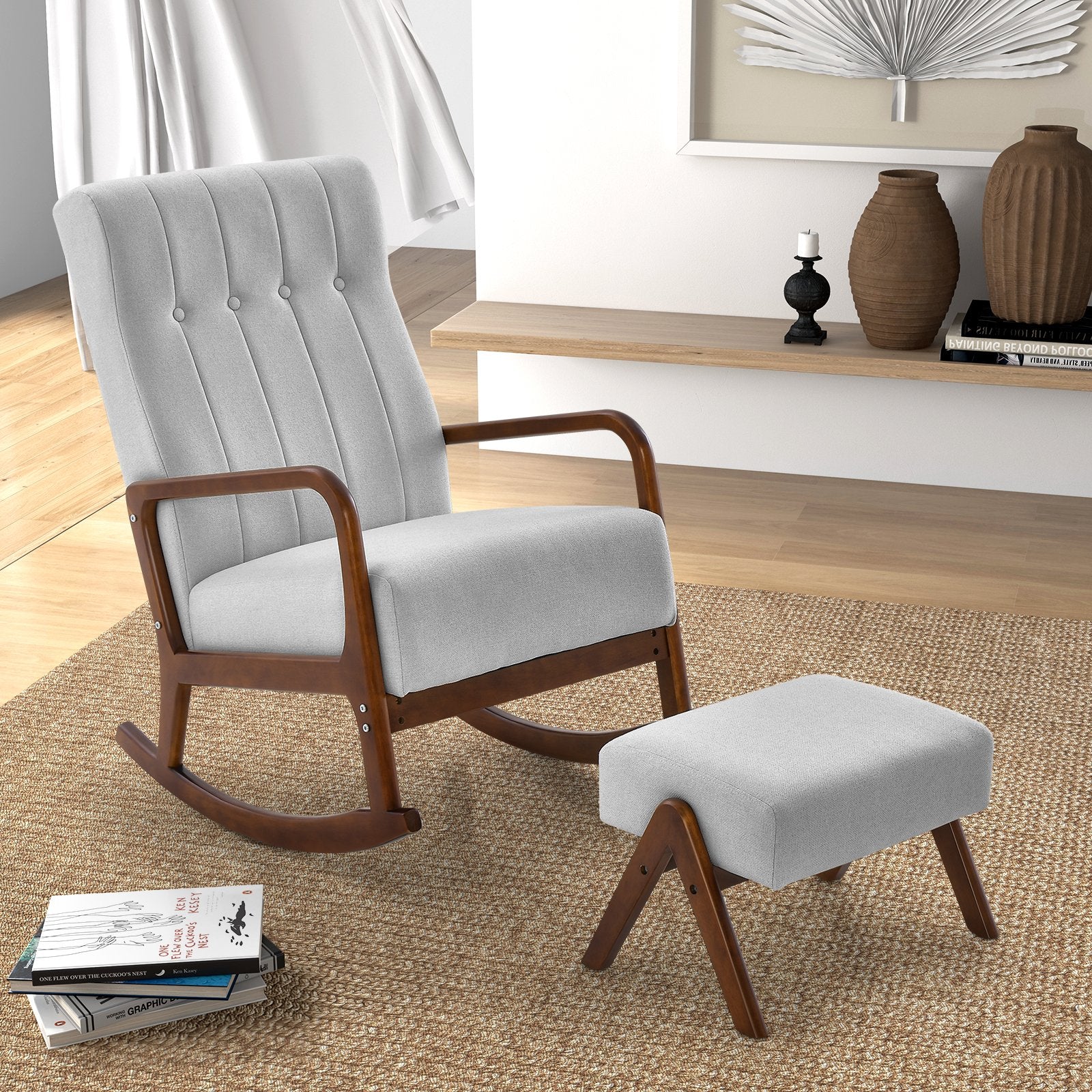 Rocking Chair with Ottoman and Solid Rubber Wood Frame and Padded Cushion, Gray Accent Chairs   at Gallery Canada