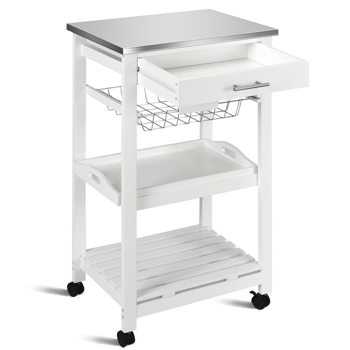 Kitchen Island Cart with Stainless Steel Tabletop and Basket, White Kitchen Islands & Carts   at Gallery Canada