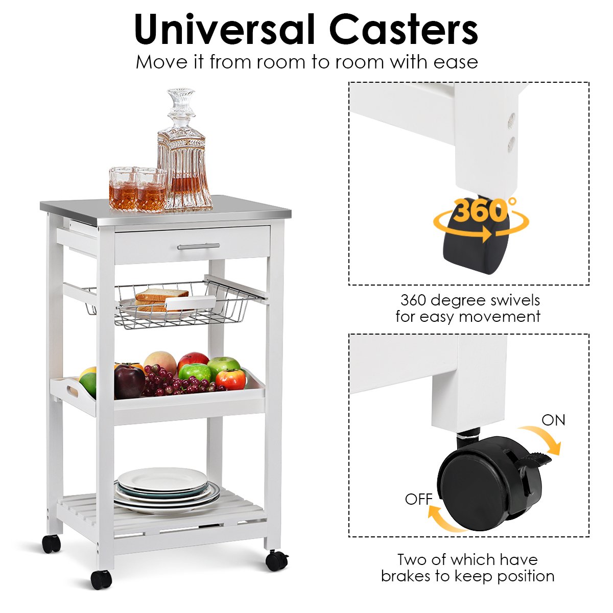 Kitchen Island Cart with Stainless Steel Tabletop and Basket, White - Gallery Canada