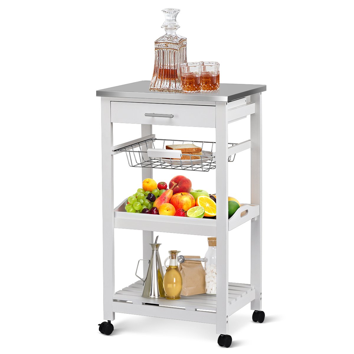 Kitchen Island Cart with Stainless Steel Tabletop and Basket, White Kitchen Islands & Carts   at Gallery Canada