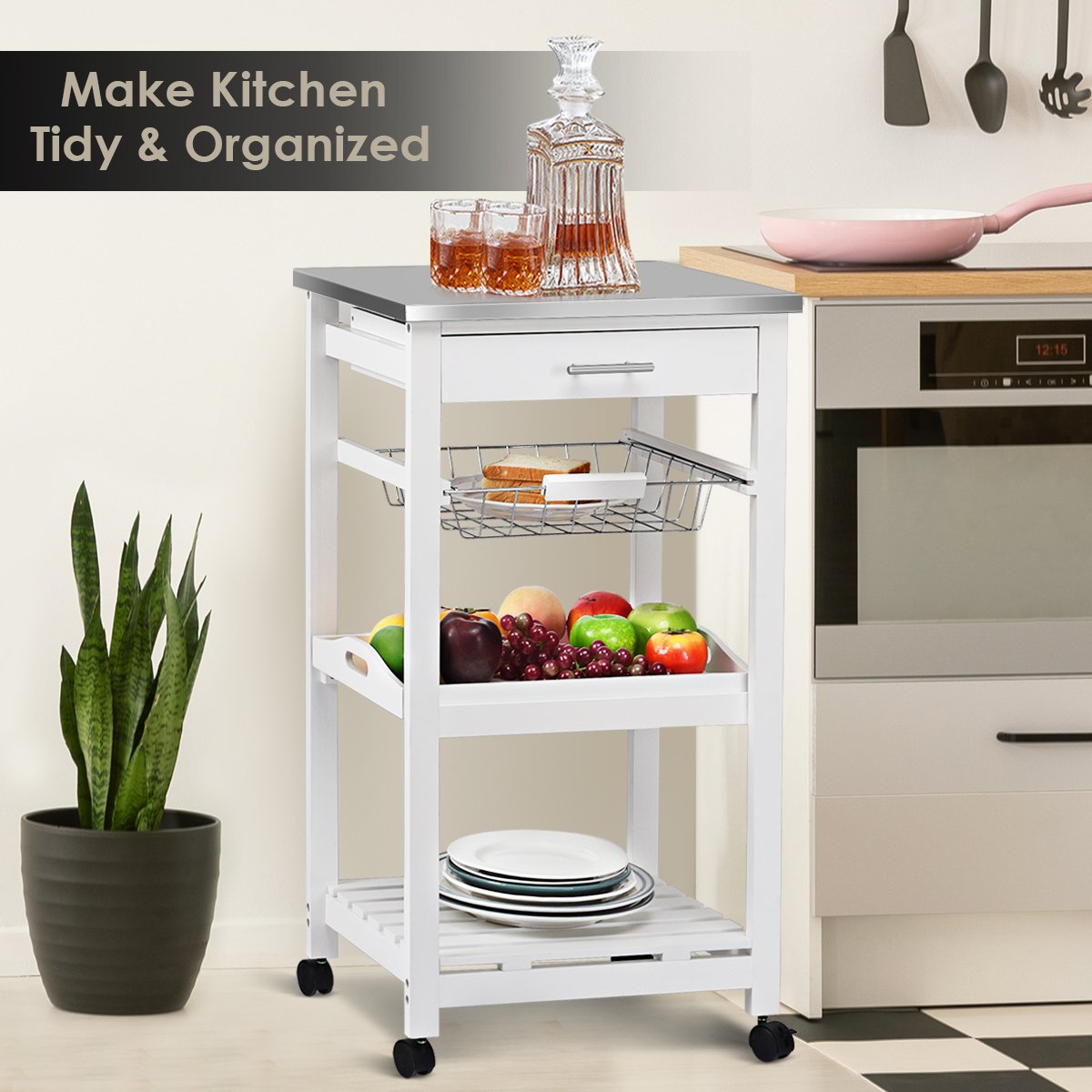 Kitchen Island Cart with Stainless Steel Tabletop and Basket, White - Gallery Canada