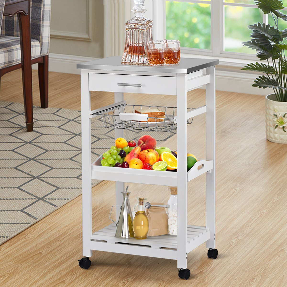 Kitchen Island Cart with Stainless Steel Tabletop and Basket, White Kitchen Islands & Carts   at Gallery Canada