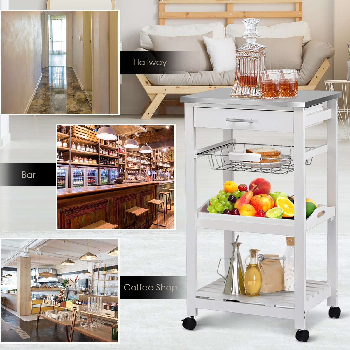 Kitchen Island Cart with Stainless Steel Tabletop and Basket, White Kitchen Islands & Carts   at Gallery Canada