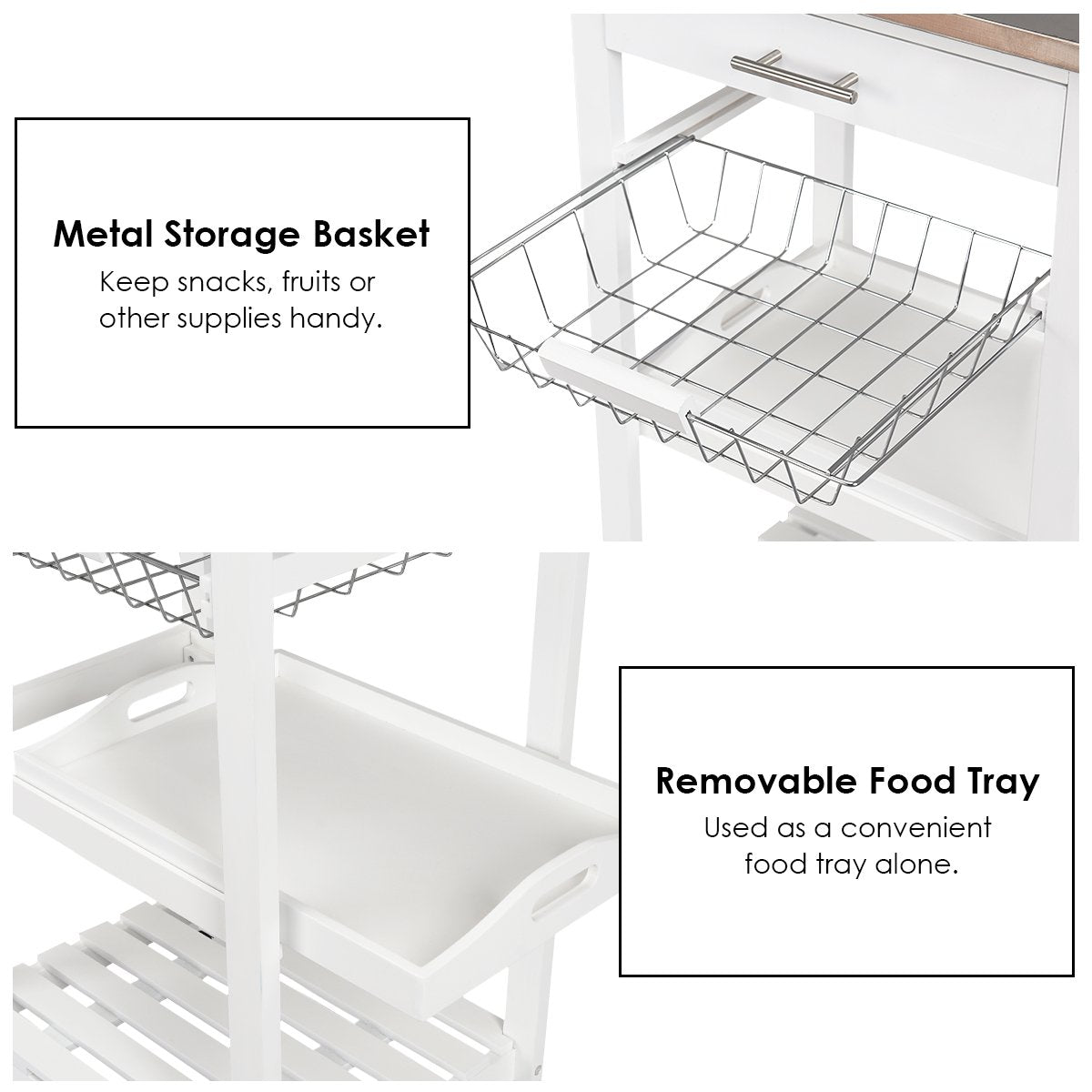 Kitchen Island Cart with Stainless Steel Tabletop and Basket, White - Gallery Canada