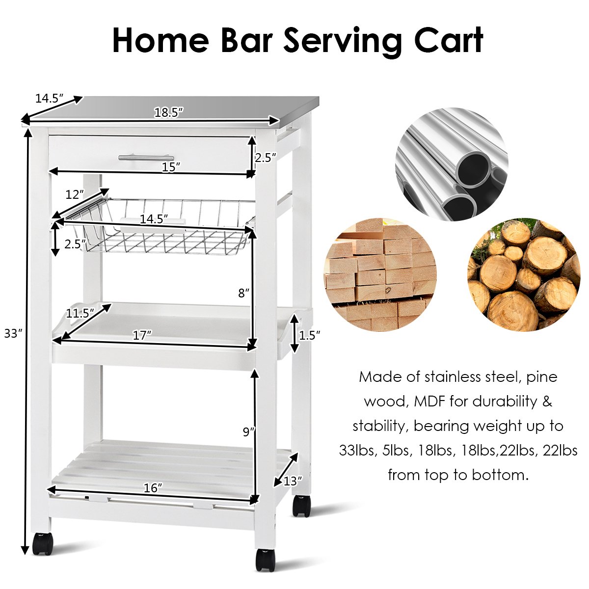 Kitchen Island Cart with Stainless Steel Tabletop and Basket, White Kitchen Islands & Carts   at Gallery Canada