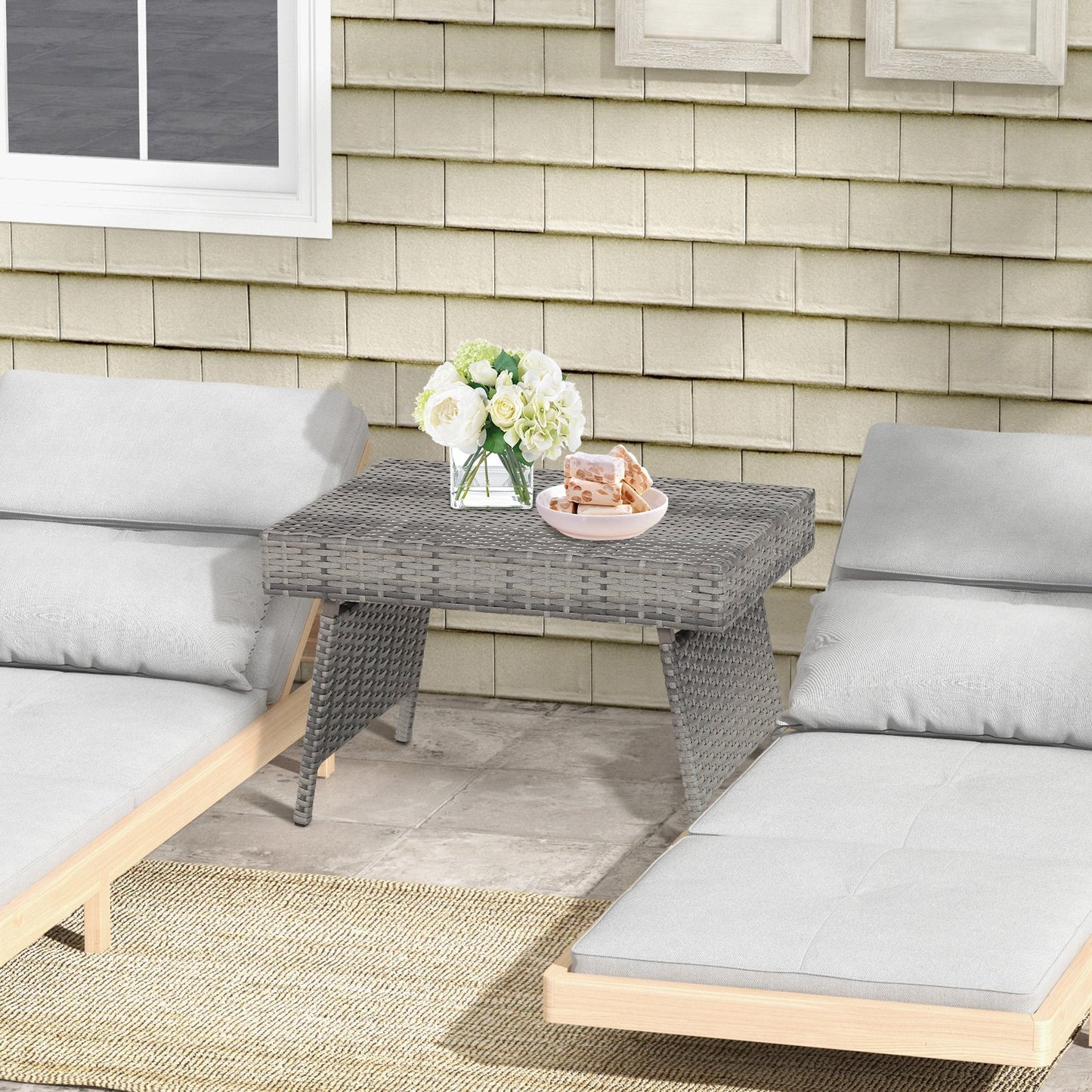 Folding PE Rattan Side Coffee Table Patio Garden Furniture, Gray Patio Coffee Tables   at Gallery Canada