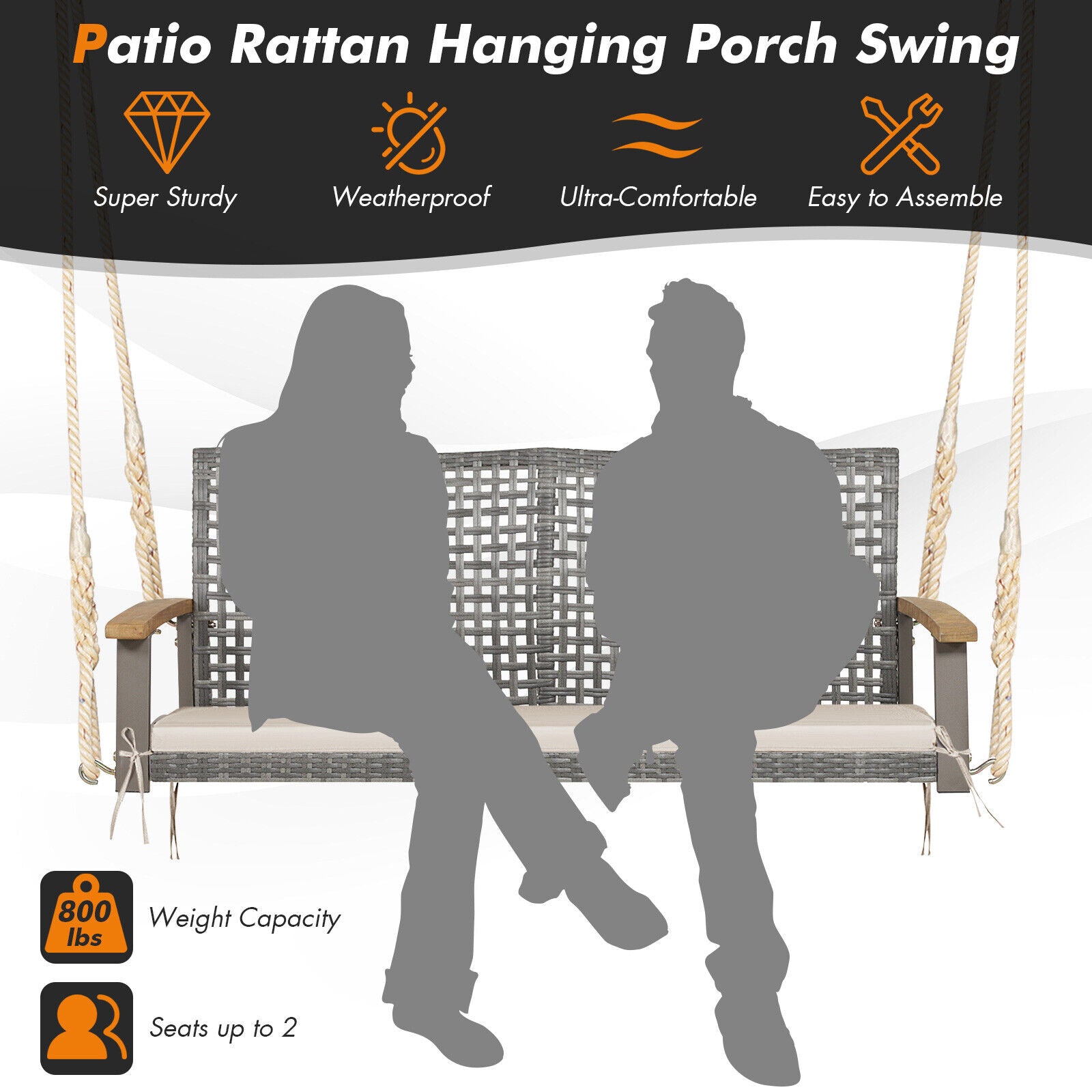 2-Person Patio Wicker Hanging Swing Chair, Off White Porch Swings   at Gallery Canada