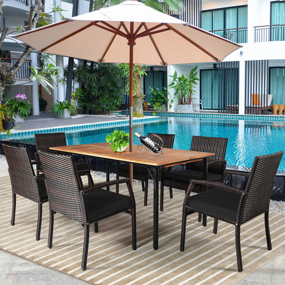 7 Pieces Patio Rattan Cushioned Dining Set with Umbrella Hole, Black - Gallery Canada