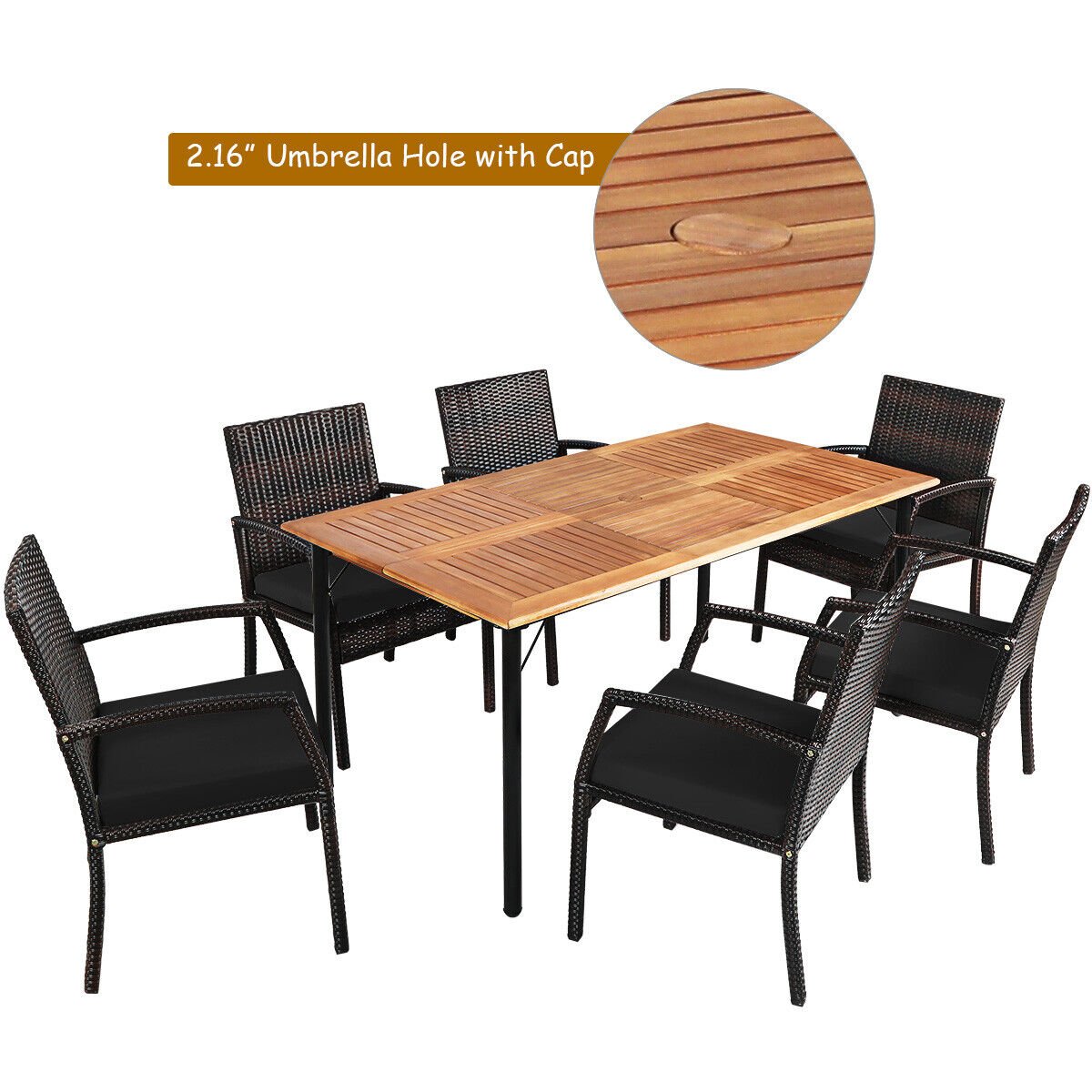 7 Pieces Patio Rattan Cushioned Dining Set with Umbrella Hole, Black - Gallery Canada