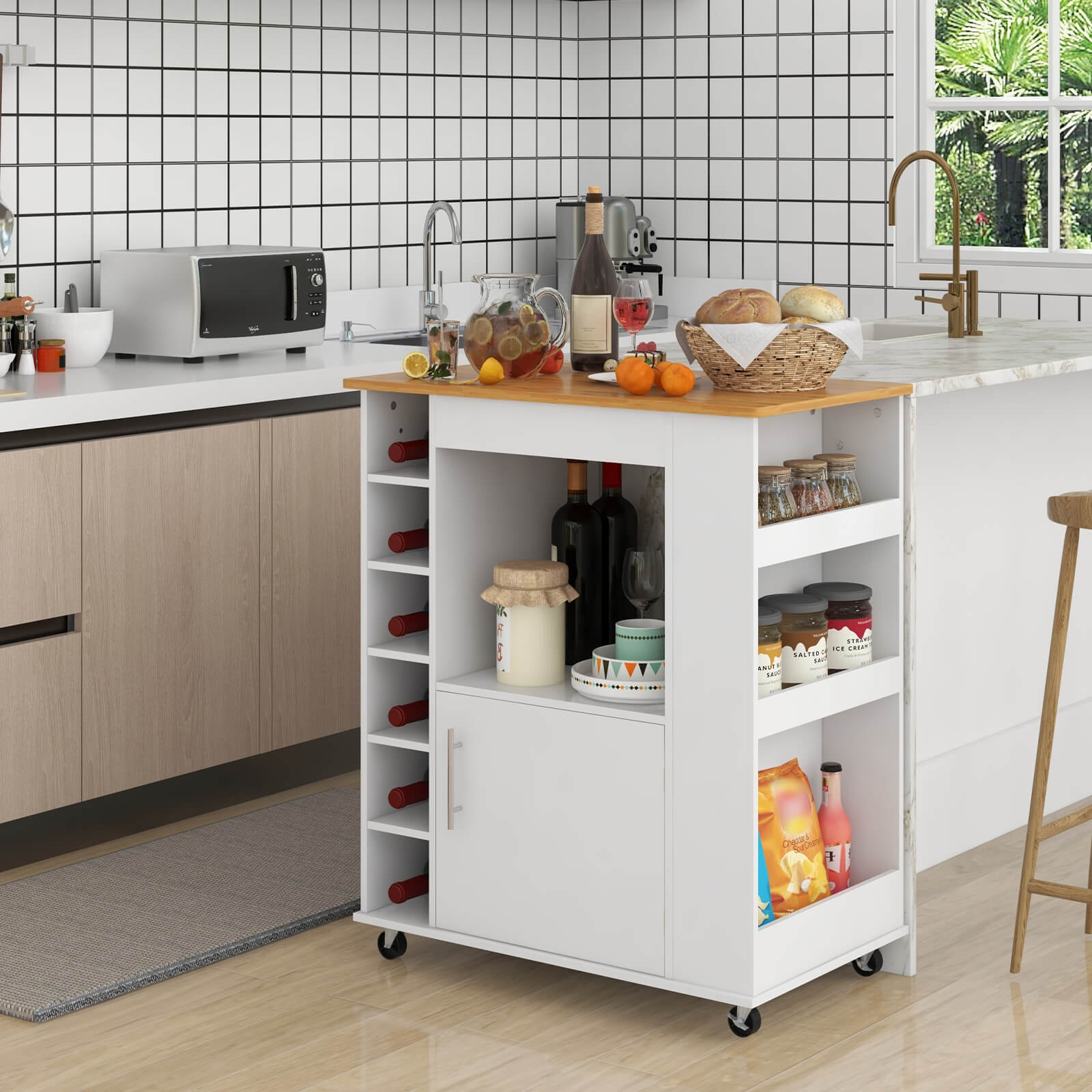 Kitchen Cart on Wheels with Bamboo Top and 6-Bottle Wine Rack, White Kitchen Islands & Carts   at Gallery Canada