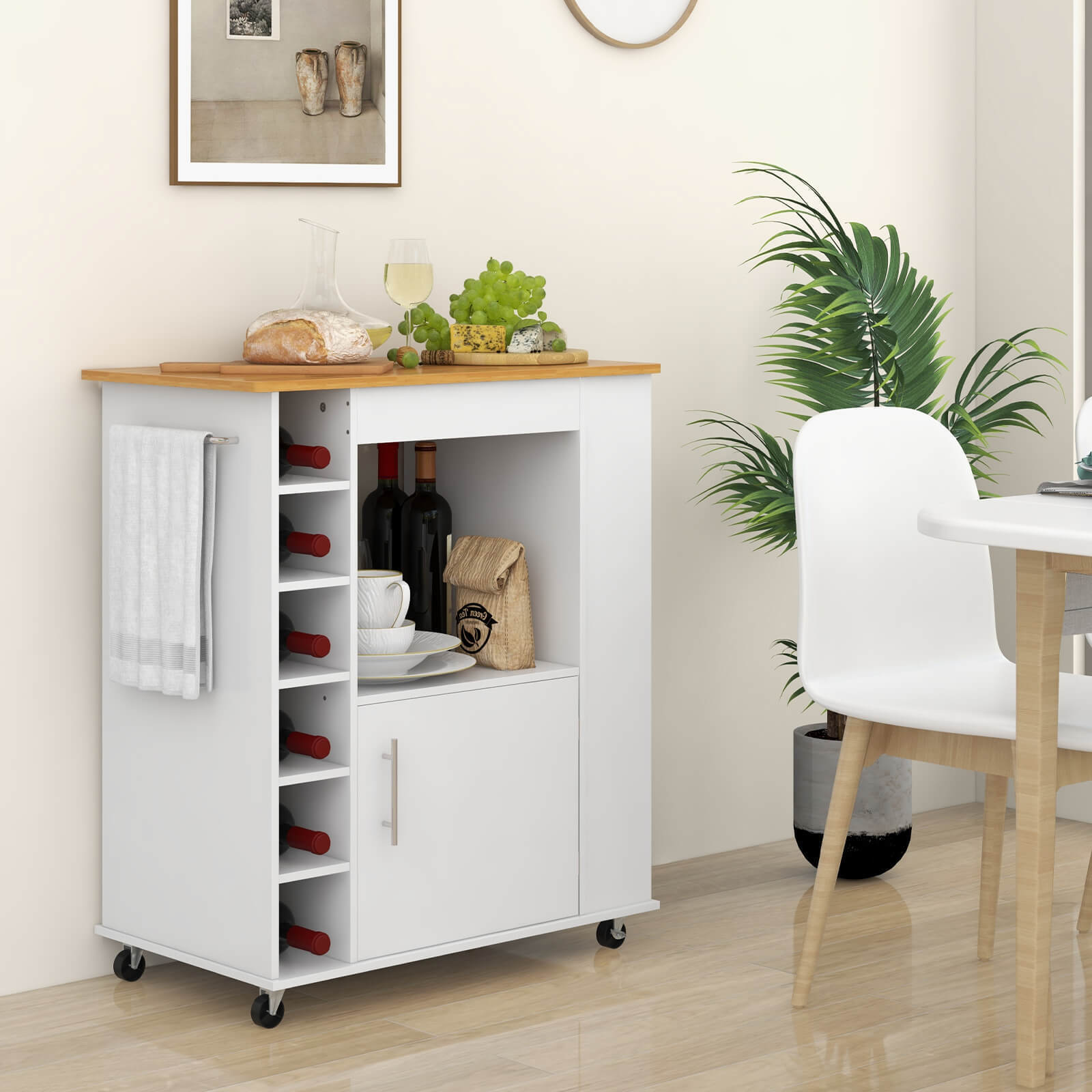 Kitchen Cart on Wheels with Bamboo Top and 6-Bottle Wine Rack, White Kitchen Islands & Carts   at Gallery Canada