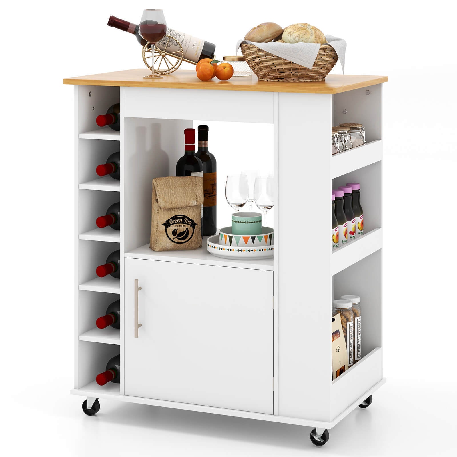 Kitchen Cart on Wheels with Bamboo Top and 6-Bottle Wine Rack, White Kitchen Islands & Carts at Gallery Canada