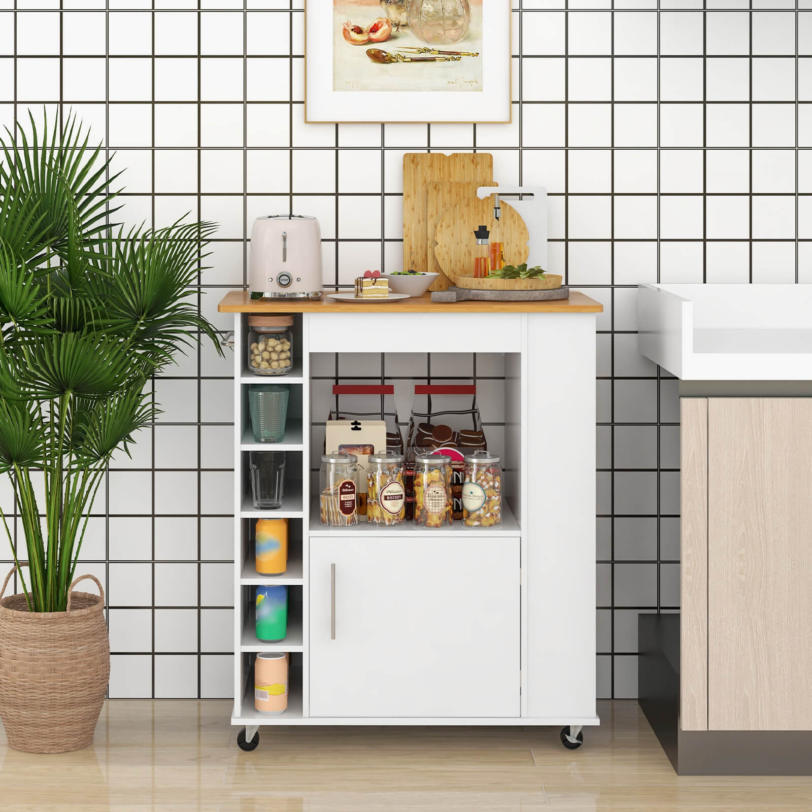 Kitchen Cart on Wheels with Bamboo Top and 6-Bottle Wine Rack, White Kitchen Islands & Carts   at Gallery Canada