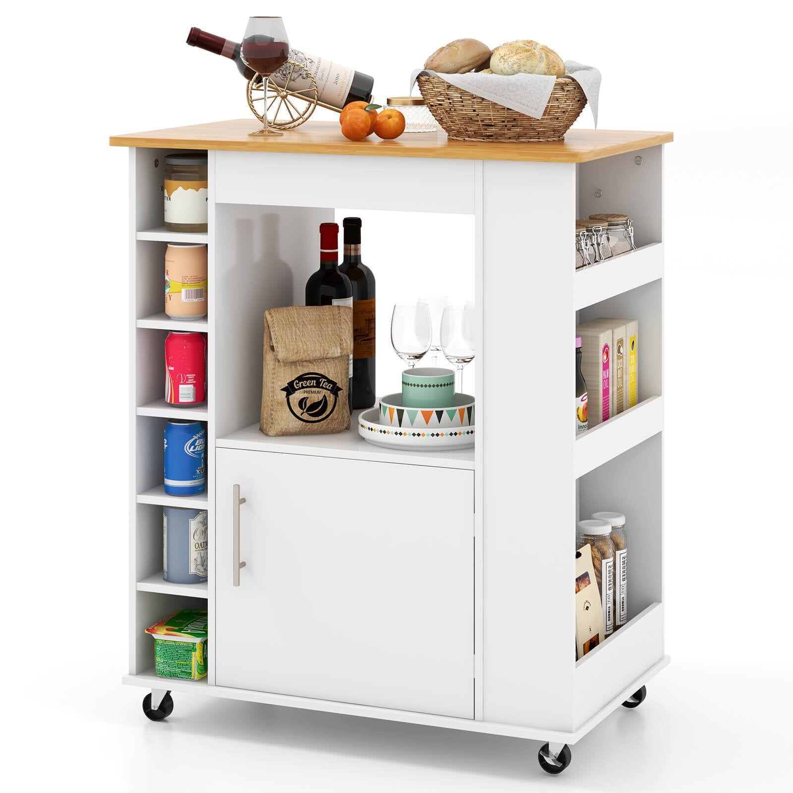 Kitchen Cart on Wheels with Bamboo Top and 6-Bottle Wine Rack, White Kitchen Islands & Carts   at Gallery Canada