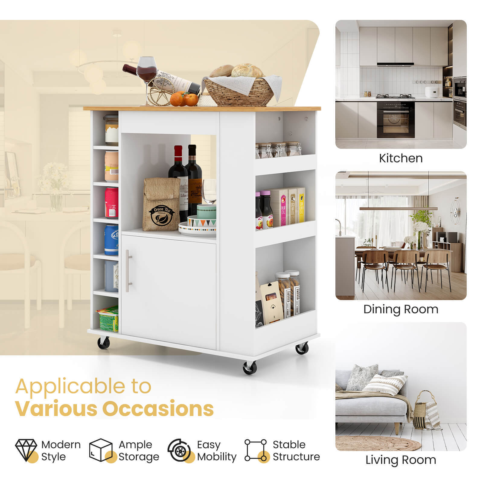 Kitchen Cart on Wheels with Bamboo Top and 6-Bottle Wine Rack, White Kitchen Islands & Carts   at Gallery Canada