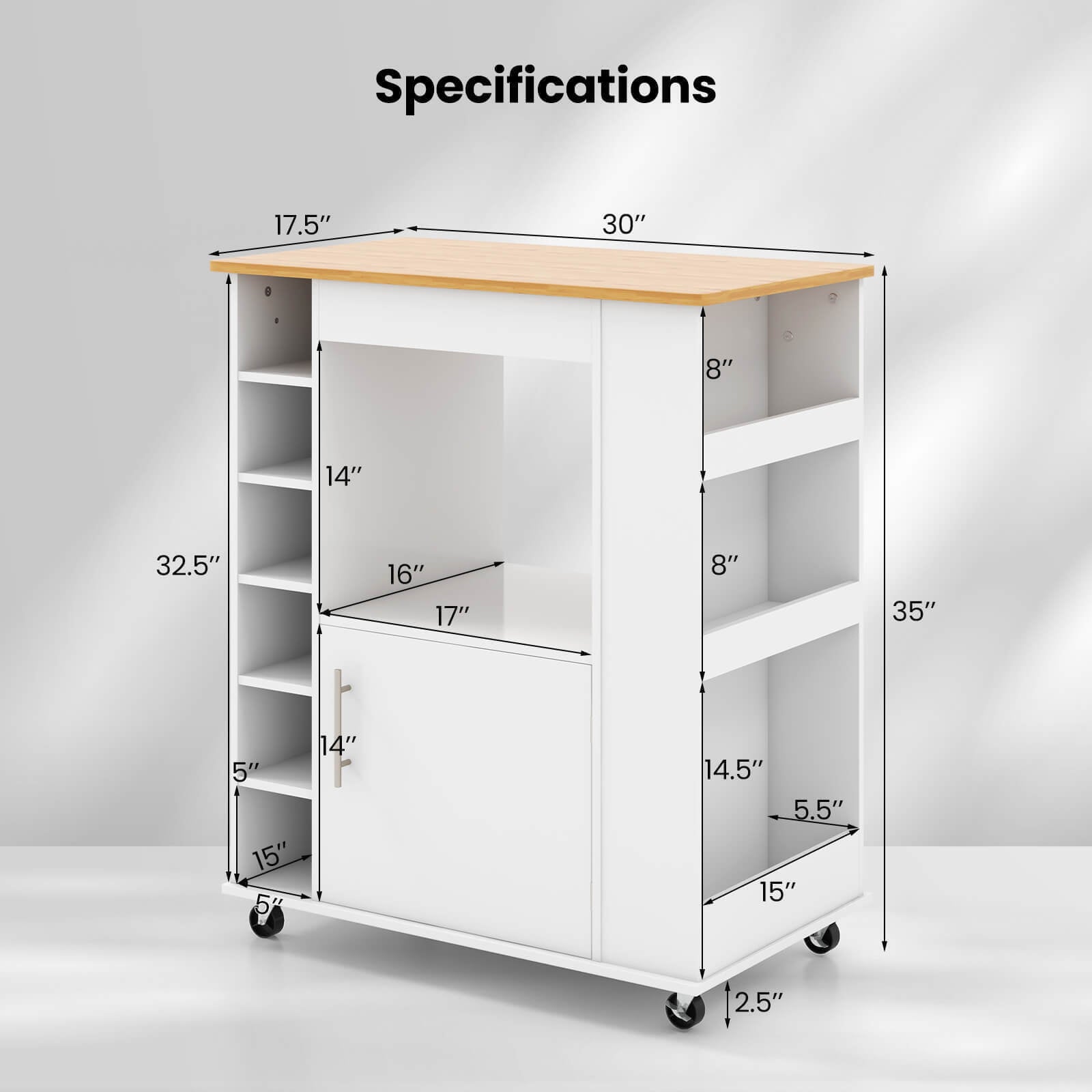 Kitchen Cart on Wheels with Bamboo Top and 6-Bottle Wine Rack, White Kitchen Islands & Carts at Gallery Canada