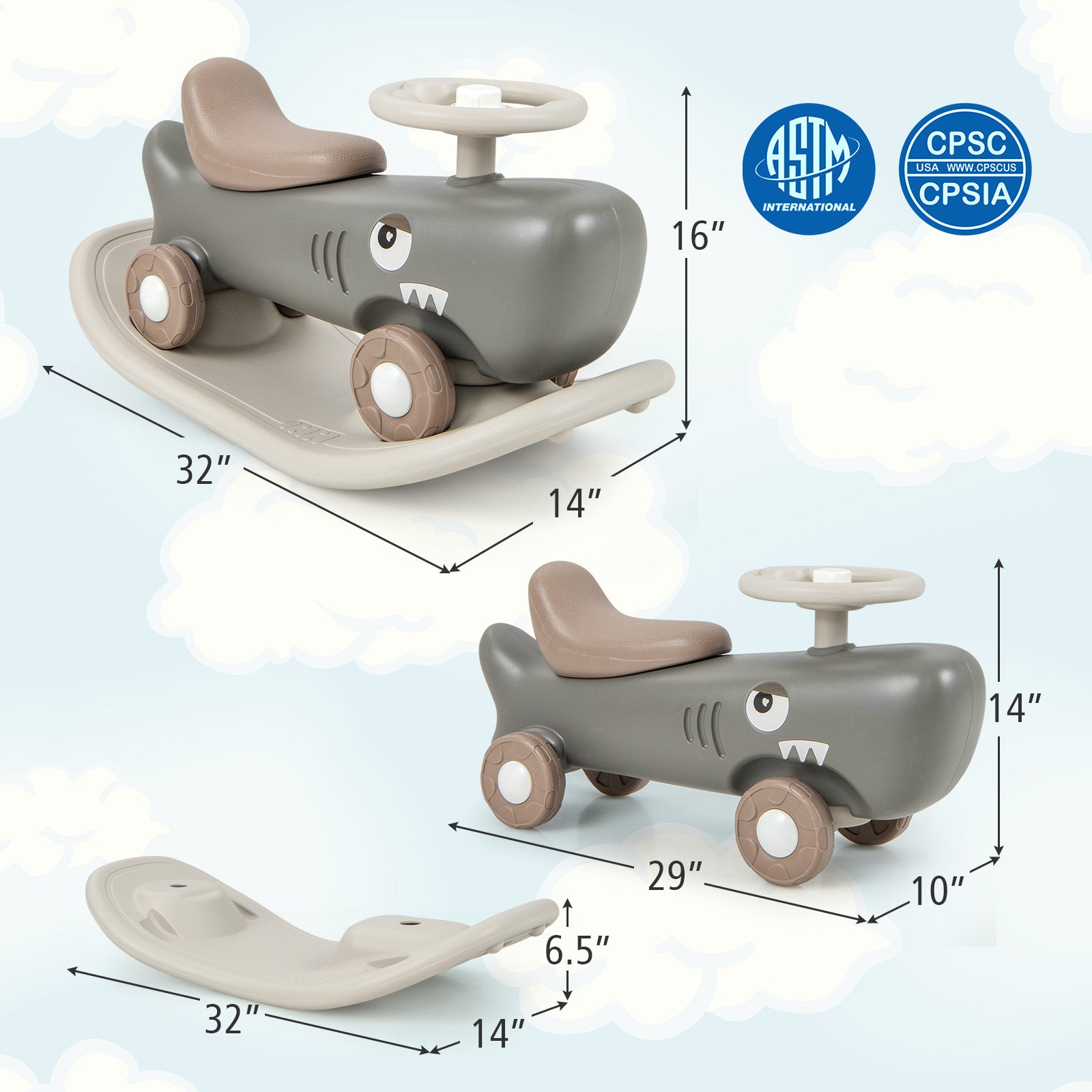 Convertible Rocking Horse and Sliding Car with Detachable Balance Board, Dark Gray Push & Pedal Ride On Toys at Gallery Canada