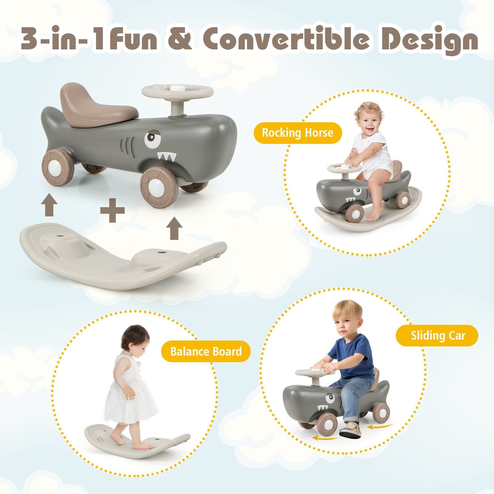 Convertible Rocking Horse and Sliding Car with Detachable Balance Board, Dark Gray Push & Pedal Ride On Toys   at Gallery Canada