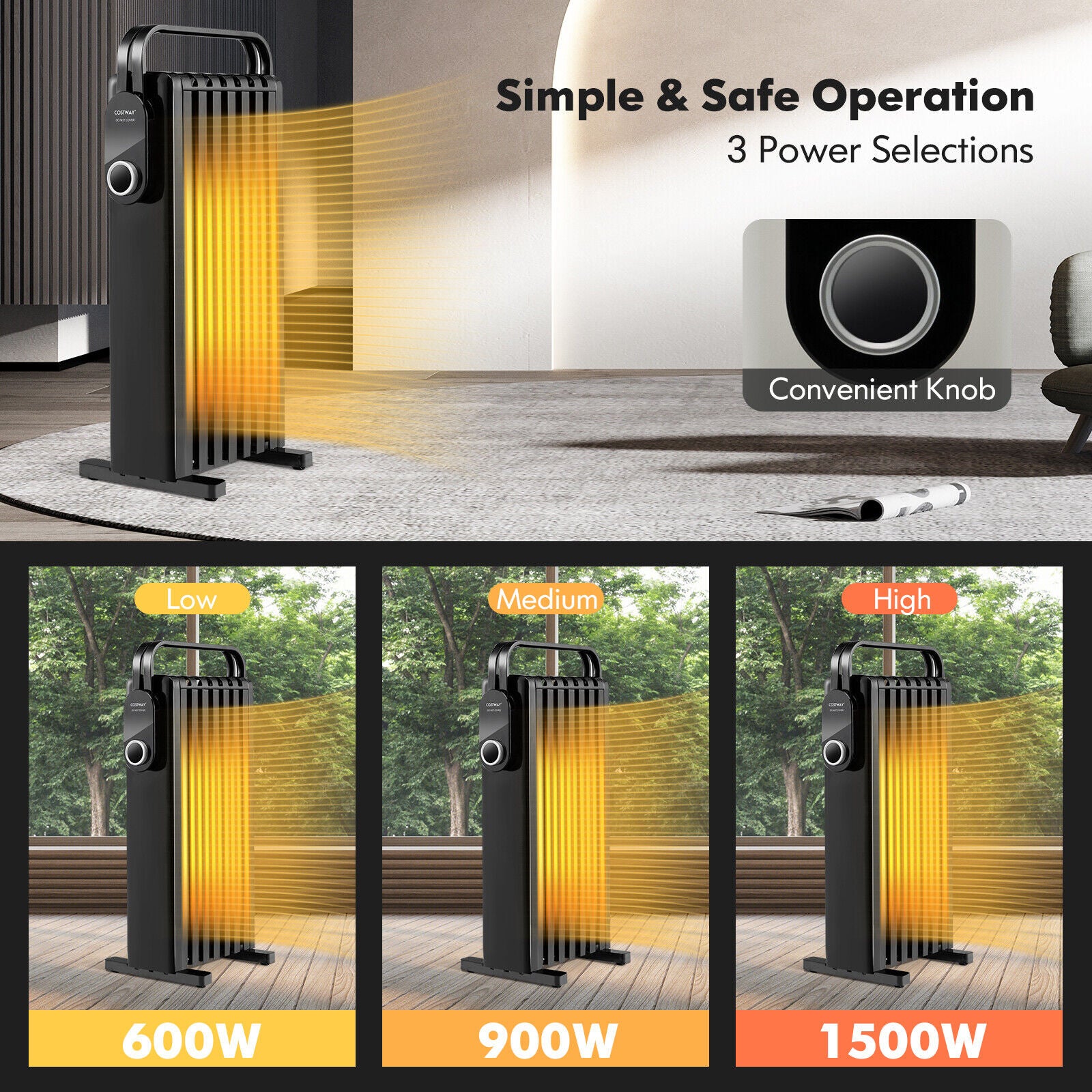 1500W Electric Space Heater Oil Filled Radiator Heater with Foldable Rack, Black Space Heaters at Gallery Canada
