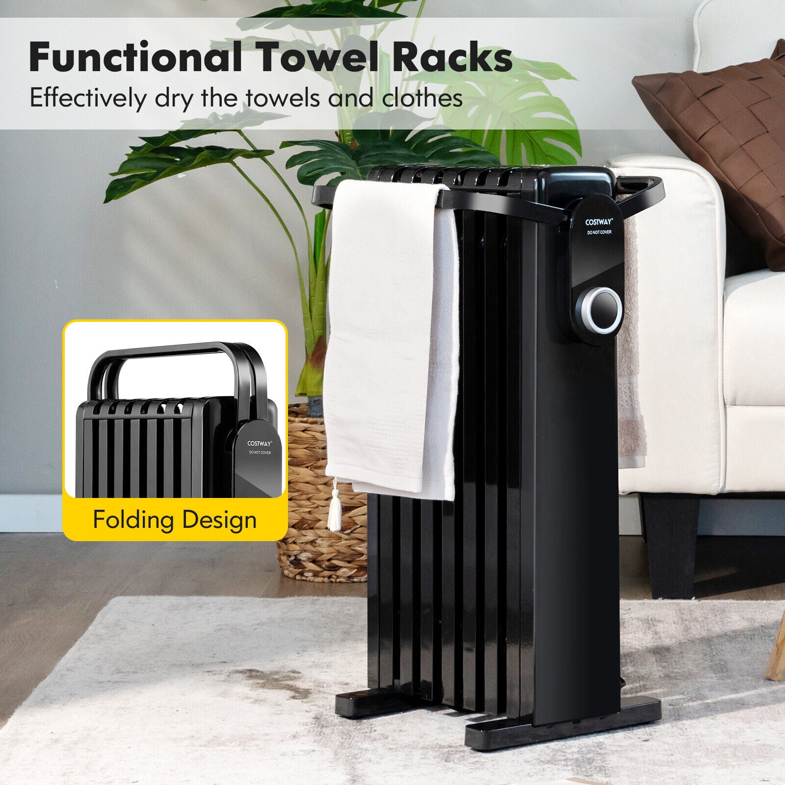1500W Electric Space Heater Oil Filled Radiator Heater with Foldable Rack, Black Space Heaters at Gallery Canada