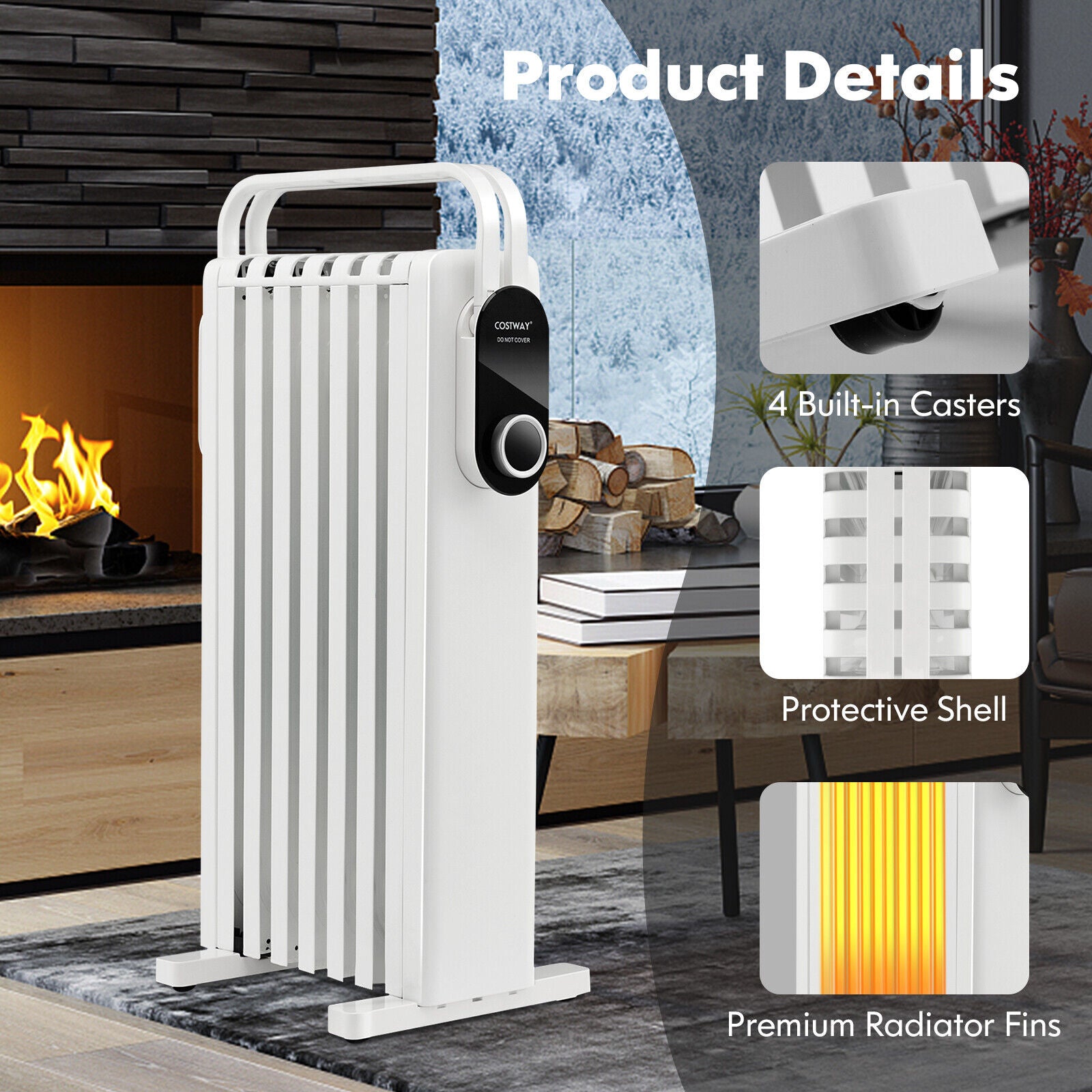 1500W Electric Space Heater Oil Filled Radiator Heater with Foldable Rack, White Space Heaters   at Gallery Canada