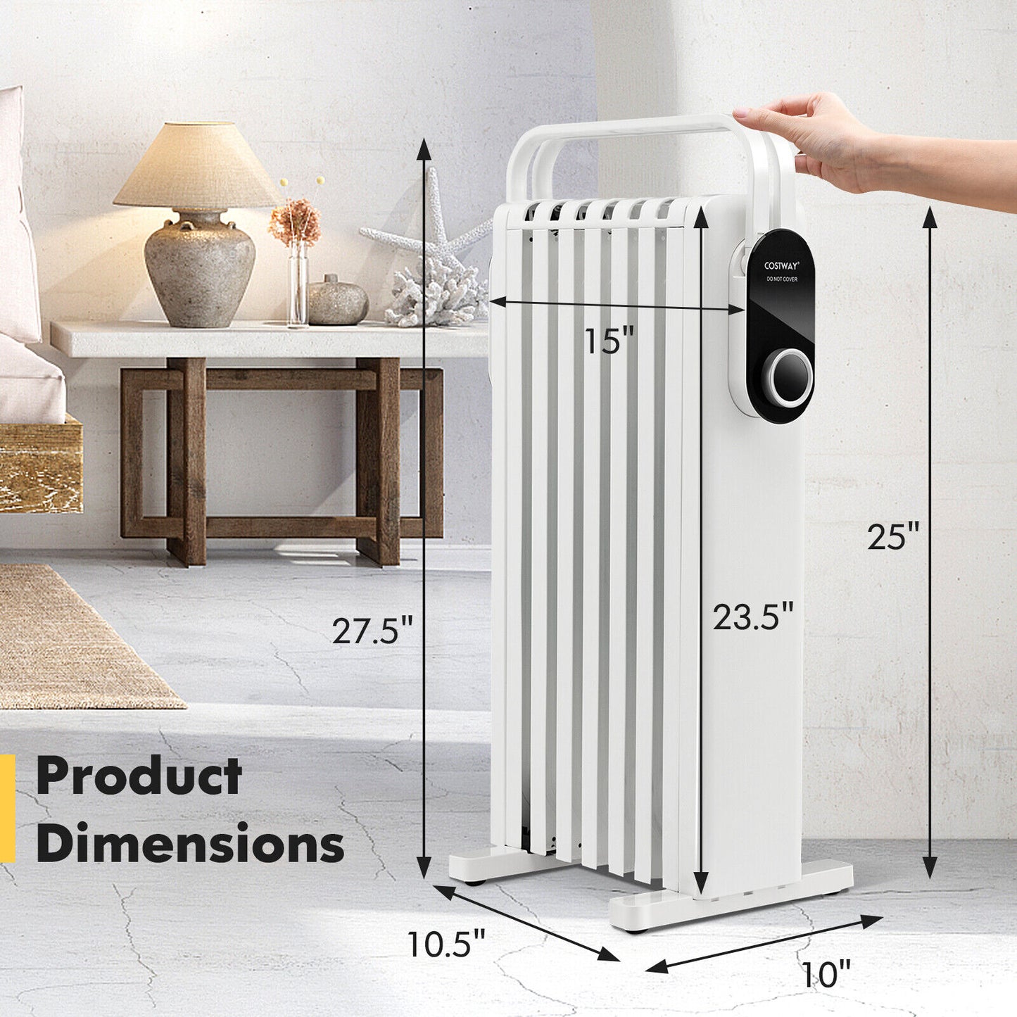 1500W Electric Space Heater Oil Filled Radiator Heater with Foldable Rack, White Space Heaters   at Gallery Canada