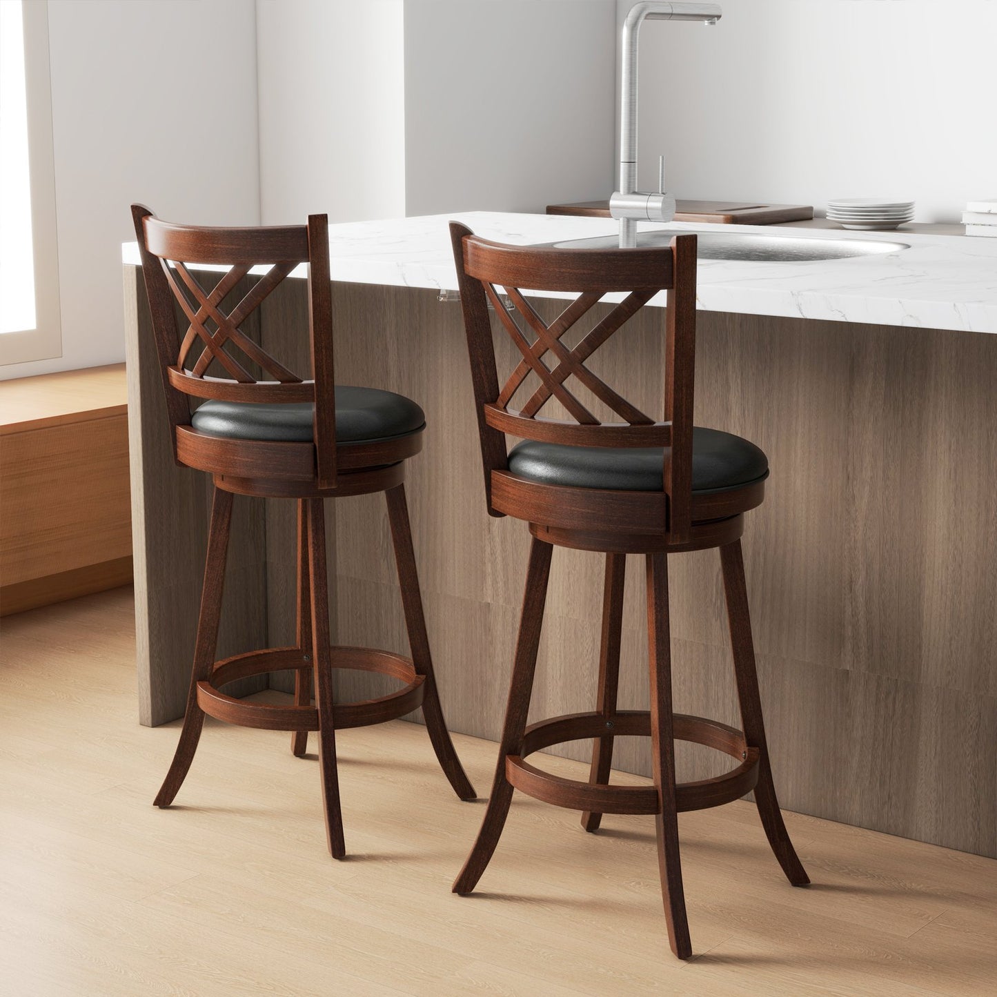 360° Swivel Upholstered Barstools Set of 2 with Back and Footrest-29 inches, Espresso - Gallery Canada