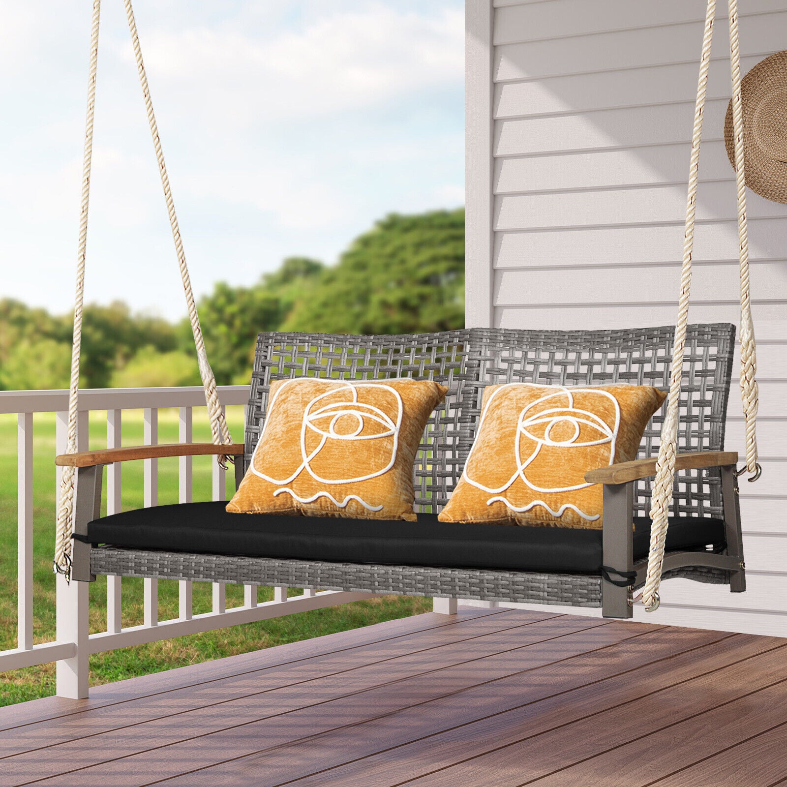 2-Person Patio Wicker Hanging Swing Chair, Black Porch Swings   at Gallery Canada