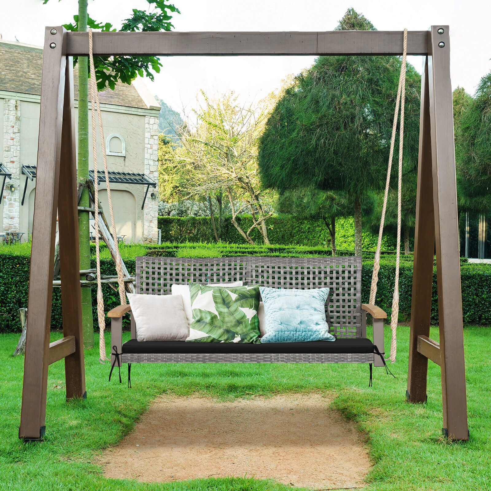 2-Person Patio Wicker Hanging Swing Chair, Black Porch Swings   at Gallery Canada