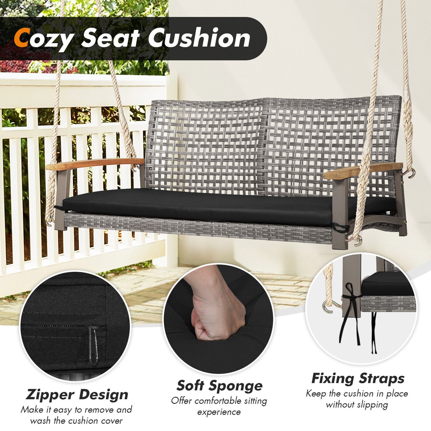 2-Person Patio Wicker Hanging Swing Chair, Black Porch Swings   at Gallery Canada