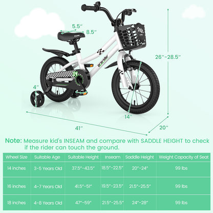 14 Inch Kids Bike with 2 Training Wheels for 3-5 Years Old, White Kids Bike   at Gallery Canada