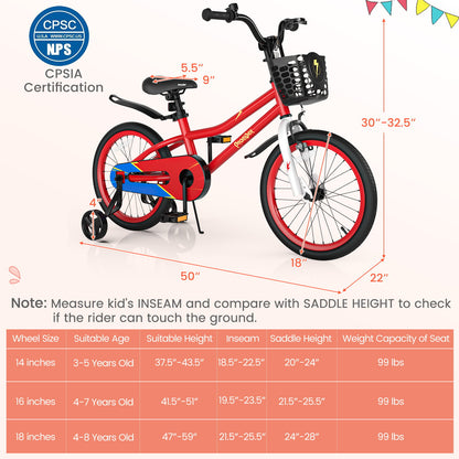 18 Feet Kids Bike with Removable Training Wheels, Red - Gallery Canada