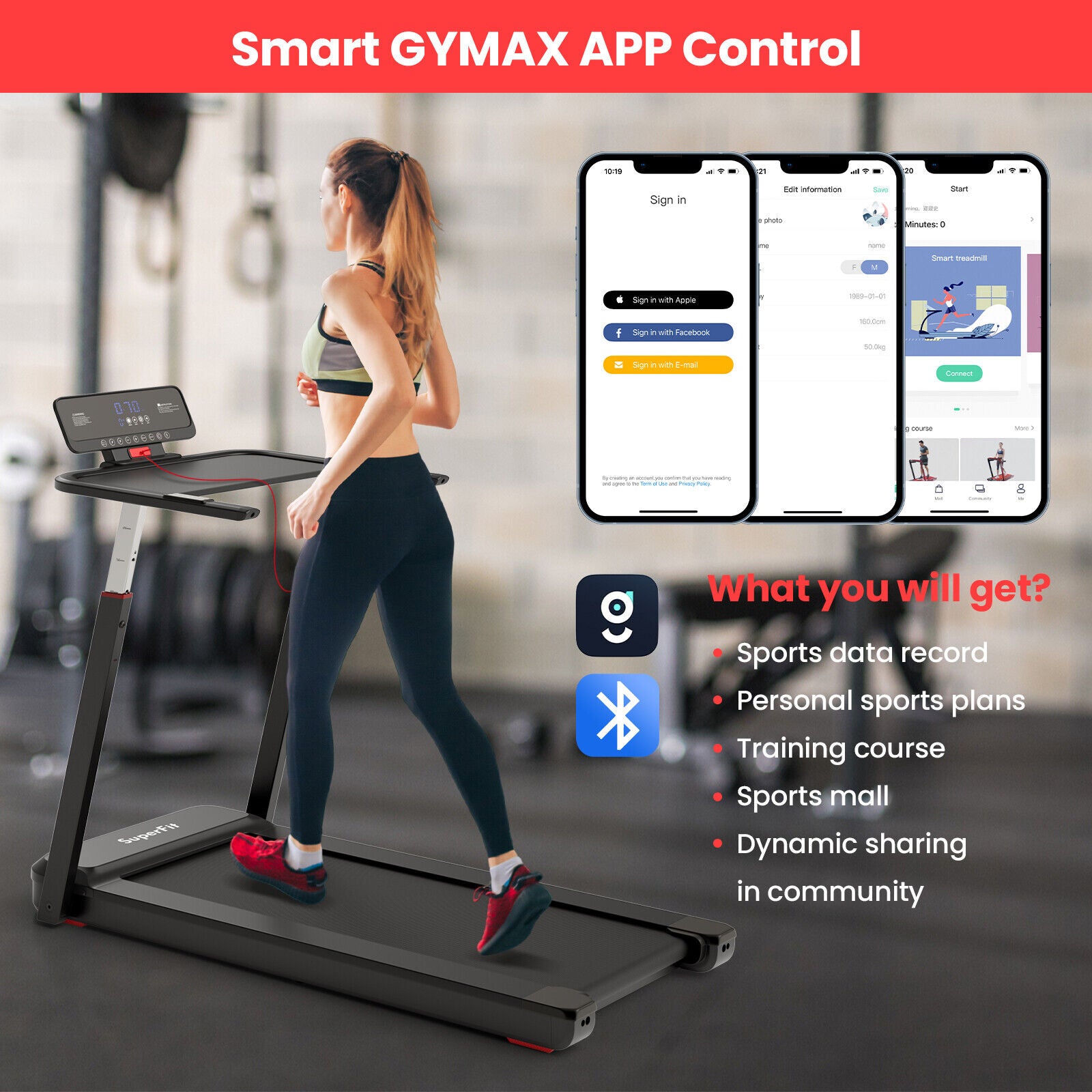 3HP Folding Treadmill with Adjustable Height and APP Control, Black Treadmills at Gallery Canada