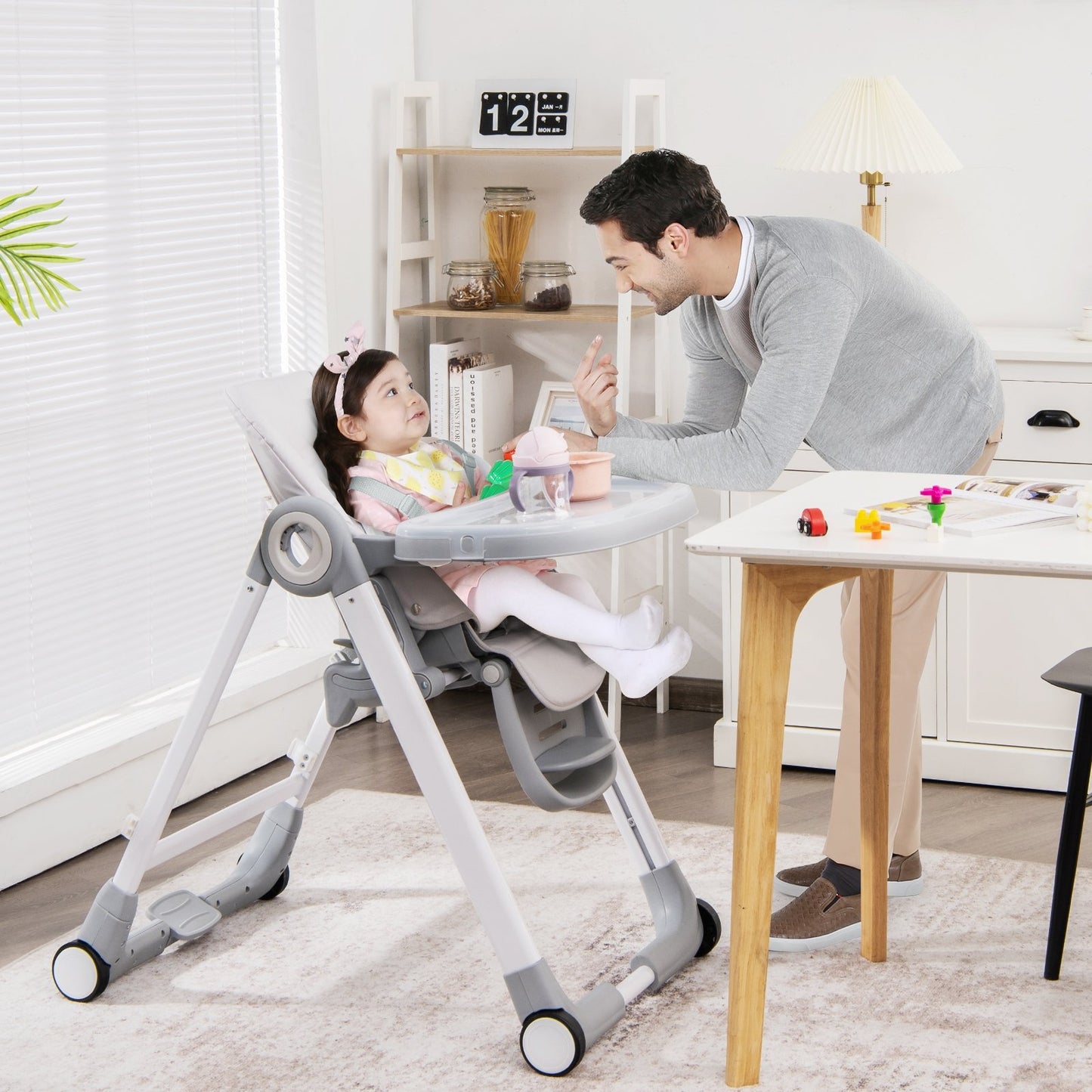 Baby Folding Convertible High Chair with Wheels and Adjustable Height, Gray High Chairs   at Gallery Canada