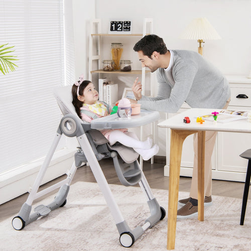 Baby Folding Convertible High Chair with Wheels and Adjustable Height, Gray