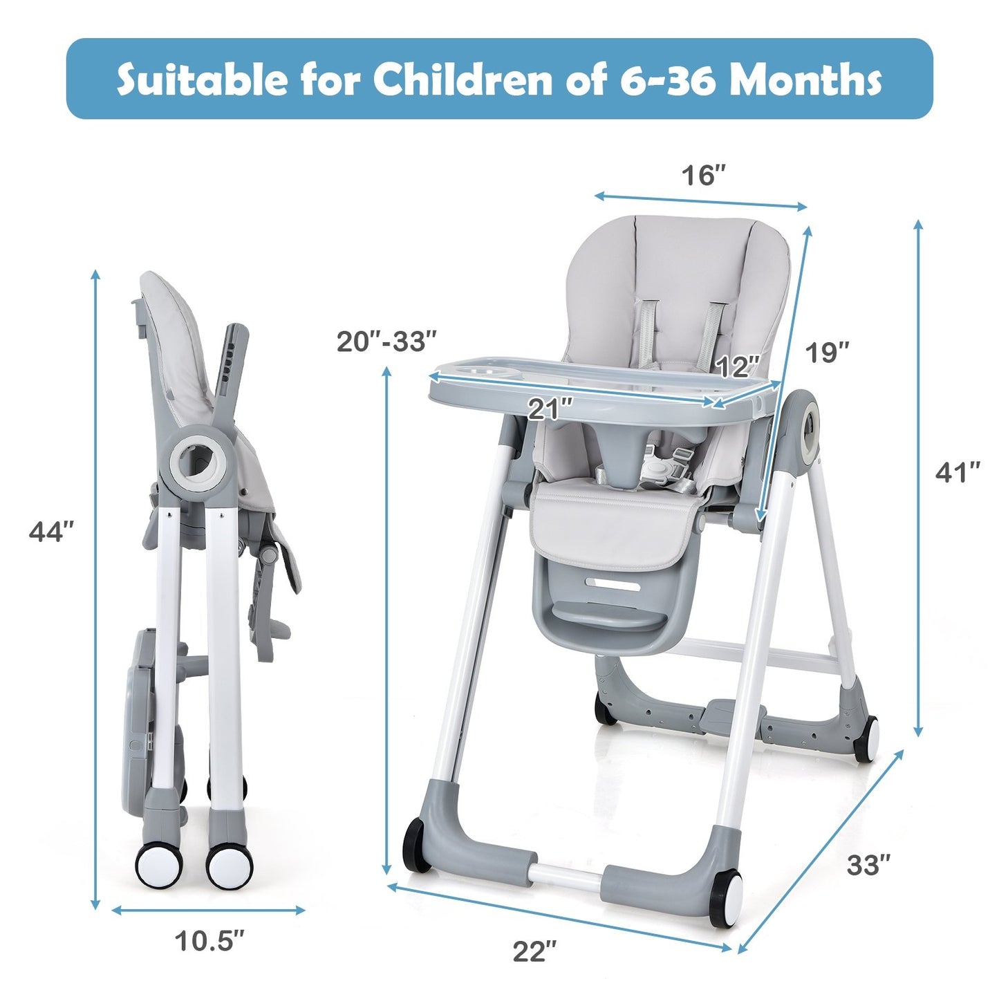 Baby Folding Convertible High Chair with Wheels and Adjustable Height, Gray High Chairs   at Gallery Canada