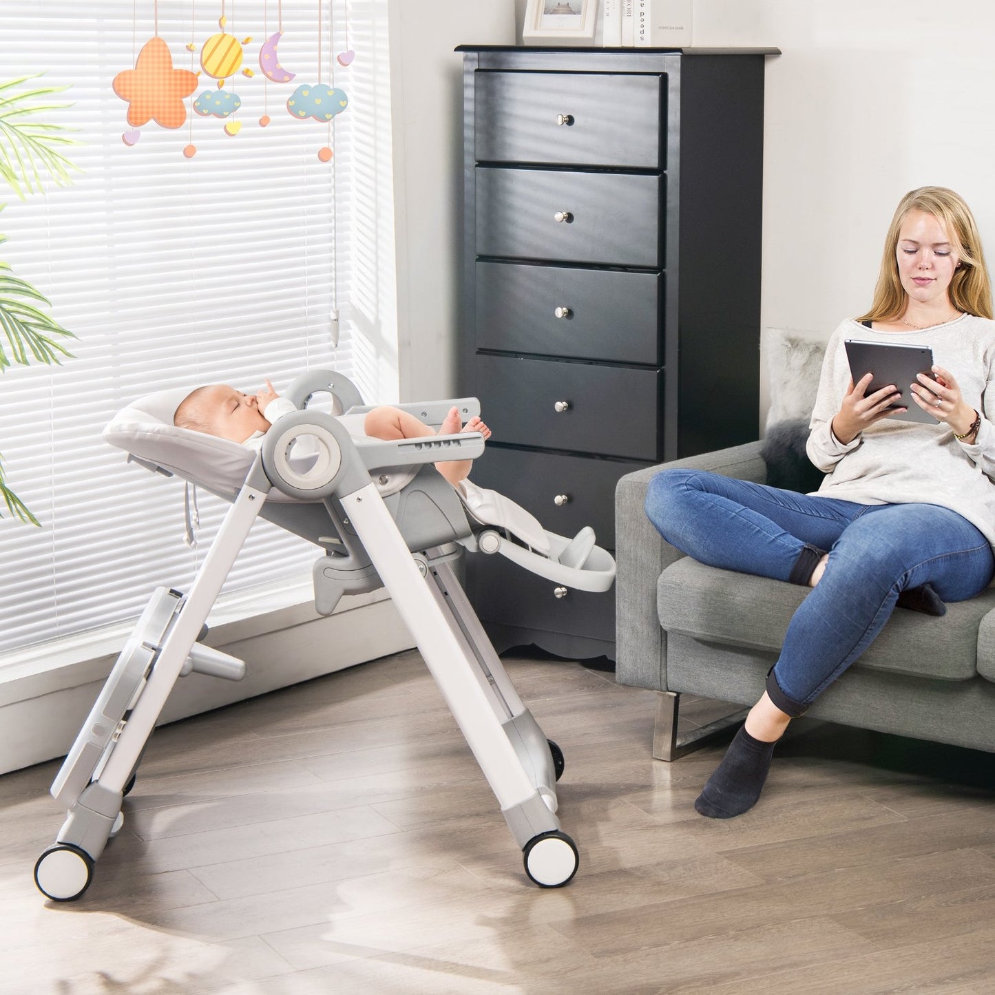 Baby Folding Convertible High Chair with Wheels and Adjustable Height, Gray High Chairs   at Gallery Canada