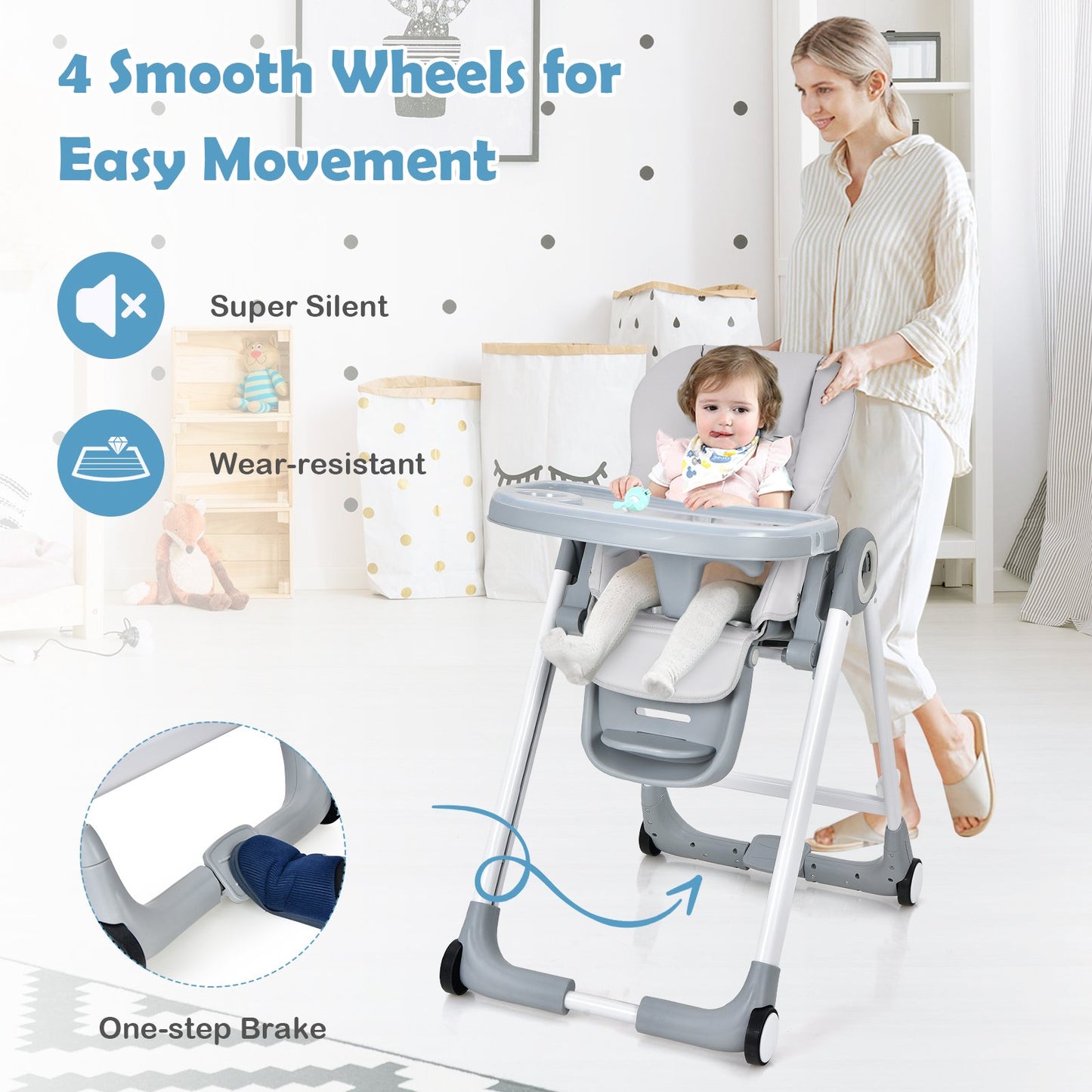 Baby Folding Convertible High Chair with Wheels and Adjustable Height, Gray High Chairs   at Gallery Canada