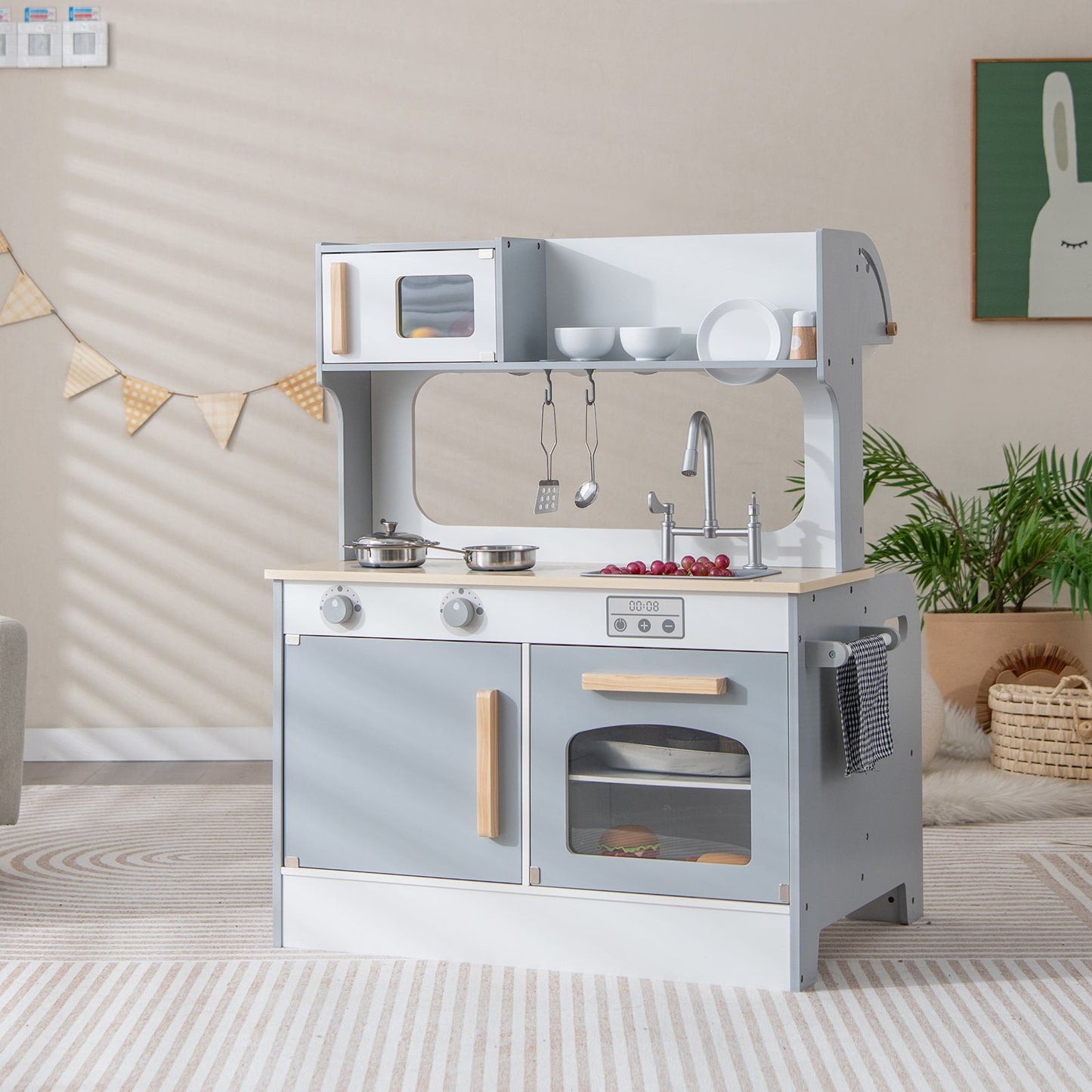 Double Sided Kids Pretend Kitchen Playset with 2-Seat Cafe, Gray Play Kitchen Sets   at Gallery Canada