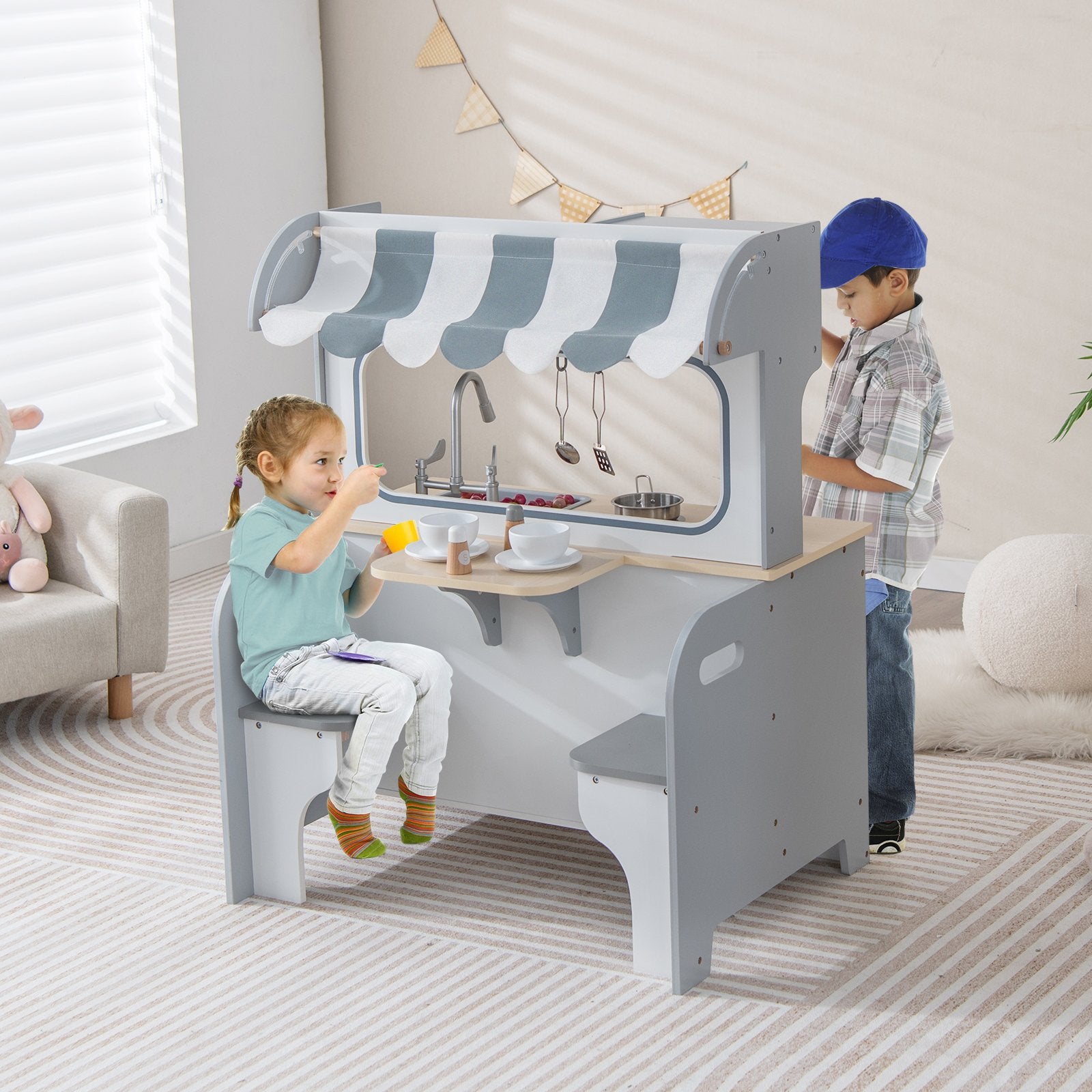 Double Sided Kids Pretend Kitchen Playset with 2-Seat Cafe, Gray Play Kitchen Sets   at Gallery Canada