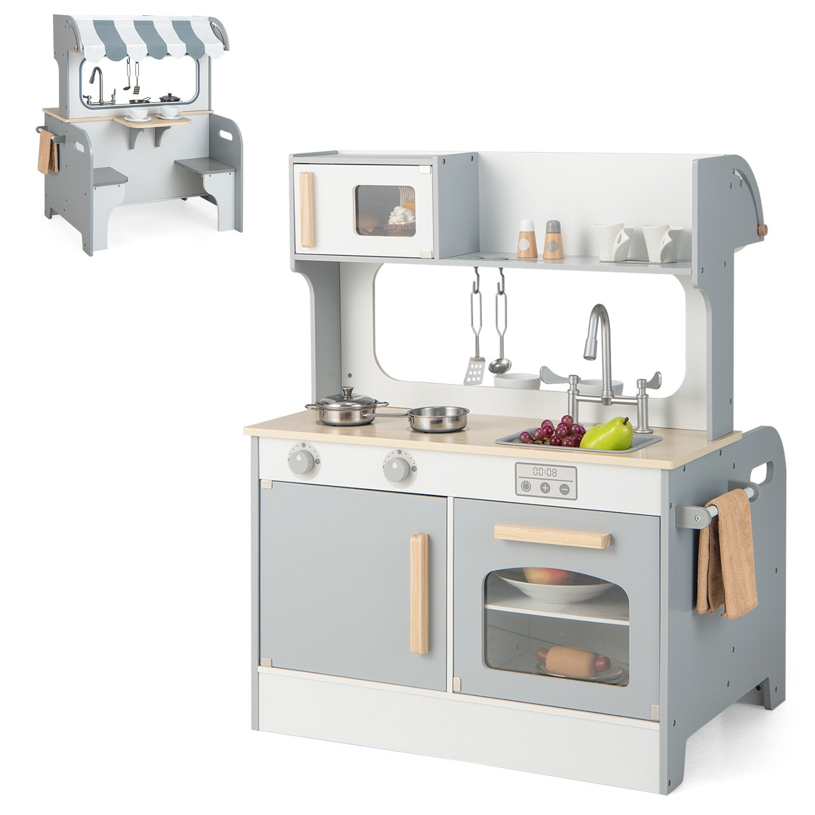 Double Sided Kids Pretend Kitchen Playset with 2-Seat Cafe, Gray Play Kitchen Sets   at Gallery Canada