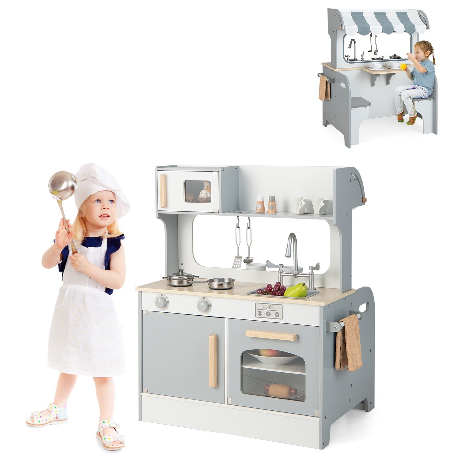 Double Sided Kids Pretend Kitchen Playset with 2-Seat Cafe, Gray Play Kitchen Sets   at Gallery Canada