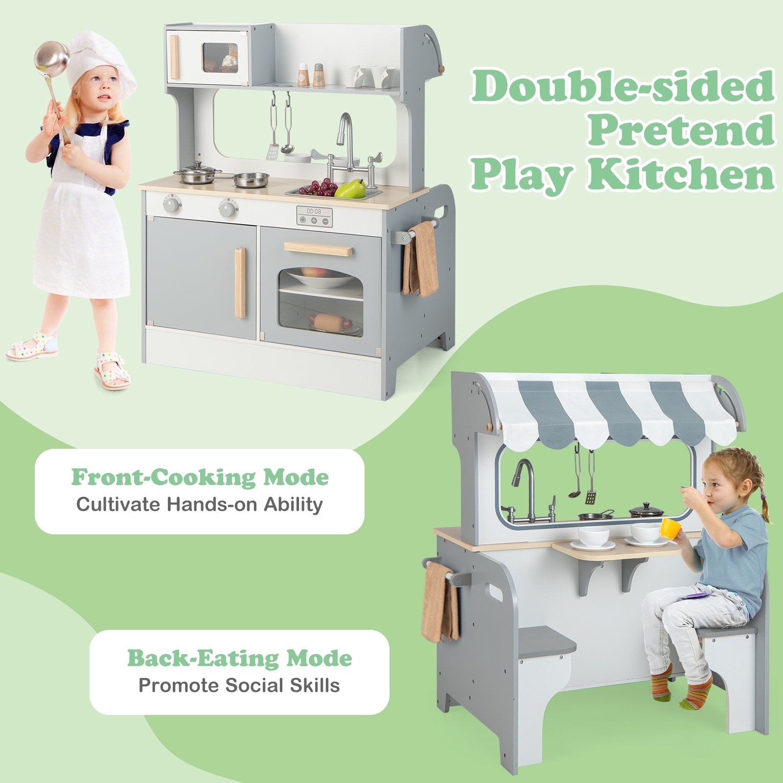 Double Sided Kids Pretend Kitchen Playset with 2-Seat Cafe, Gray Play Kitchen Sets   at Gallery Canada