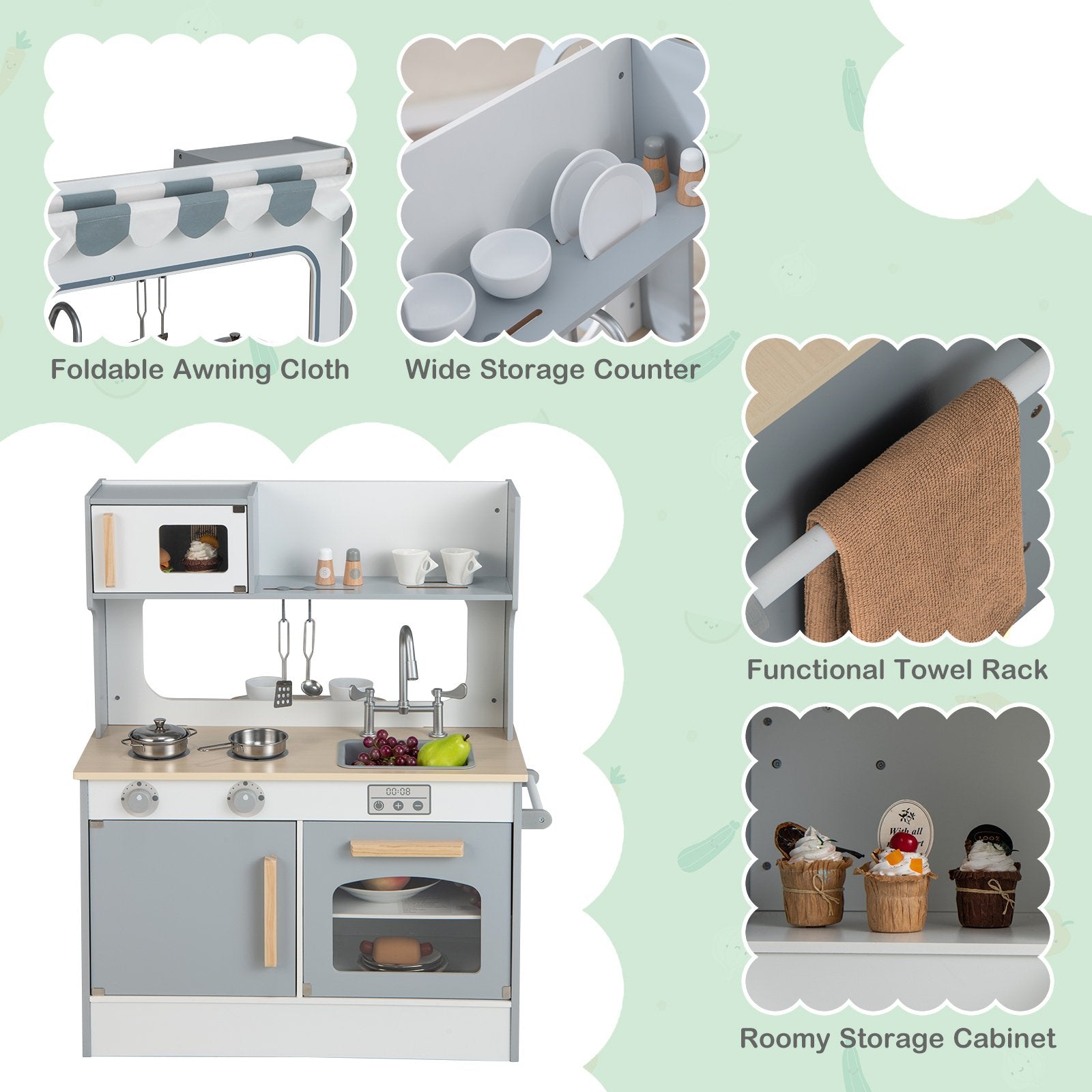 Double Sided Kids Pretend Kitchen Playset with 2-Seat Cafe, Gray Play Kitchen Sets   at Gallery Canada